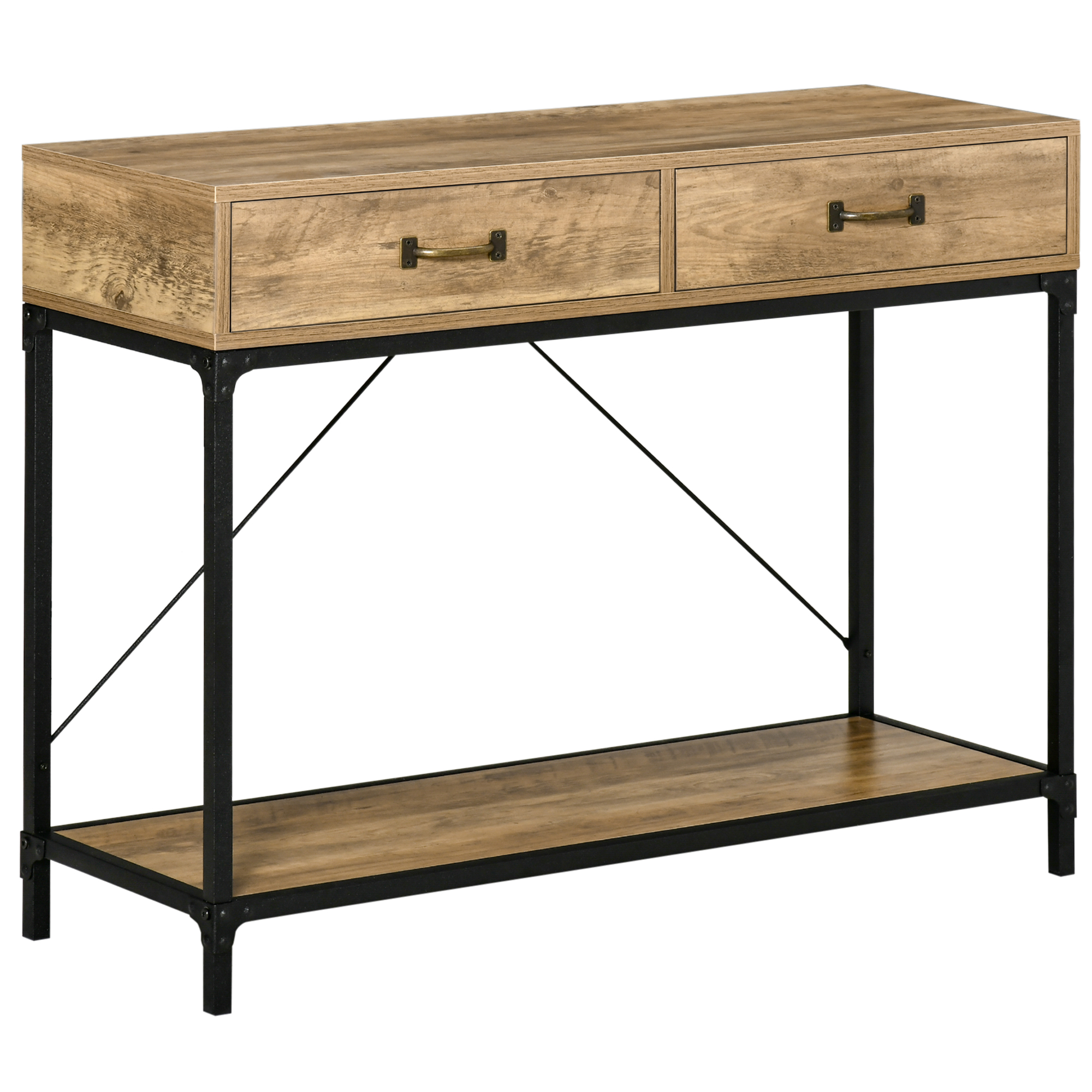 Masă Consolă Vintage HOMCOM din Metal și Lemn, Design Elegant cu 2 Sertare și Raft, Maro, pentru Living, Sufragerie | Aosom Romania