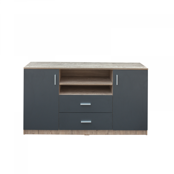 Comoda LUXOR, 2 usi, 2 sertare, corp stejar sherwood, fronturi gri, 140x40x80 cm