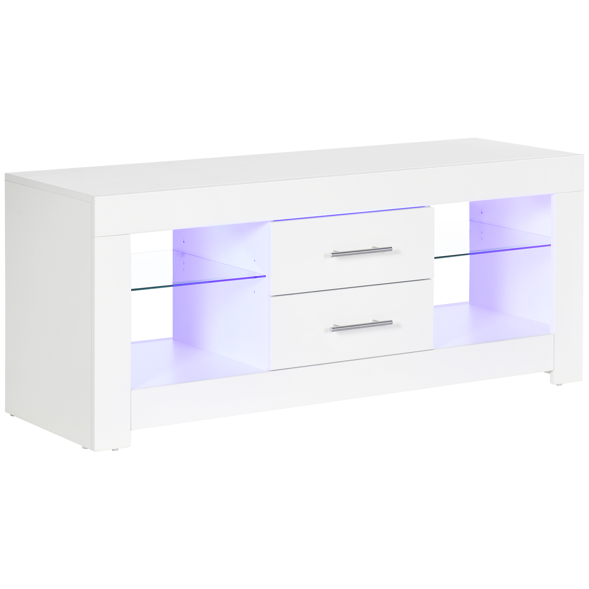 HOMCOM Comodă TV Modernă 55″ cu LED RGB (12 Culori), Telecomandă Inclusă, Lemn cu Etajere din Sticlă, Dimensiune 120x40x50cm, Alb | Aosom Romania