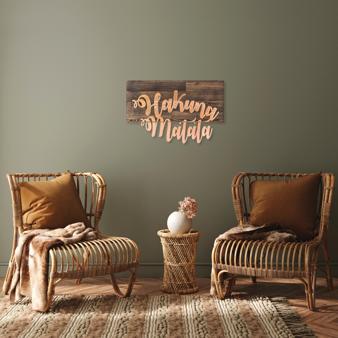 Decoratiune de perete, Hakuna Matata Metal Decor, Dimensiune: 38 x 58 cm, Nuc / Cupru