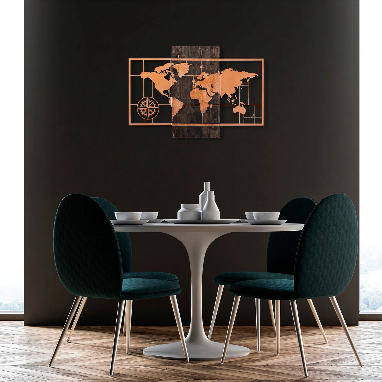 Decoratiune de perete, World Map Wıth Compass, Dimensiuni: 58 x 85 cm, Nuc / Cupru