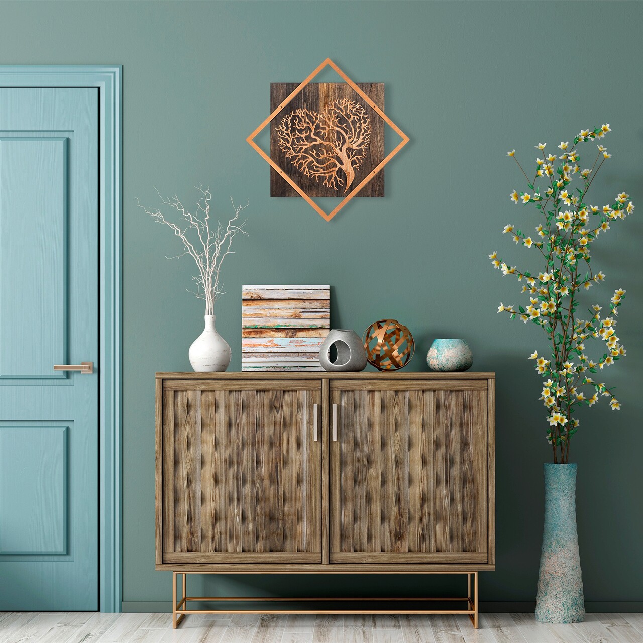 Decoratiune de perete, Tree v3, Dimensiune: 54 x 54 cm, Nuc / Cupru