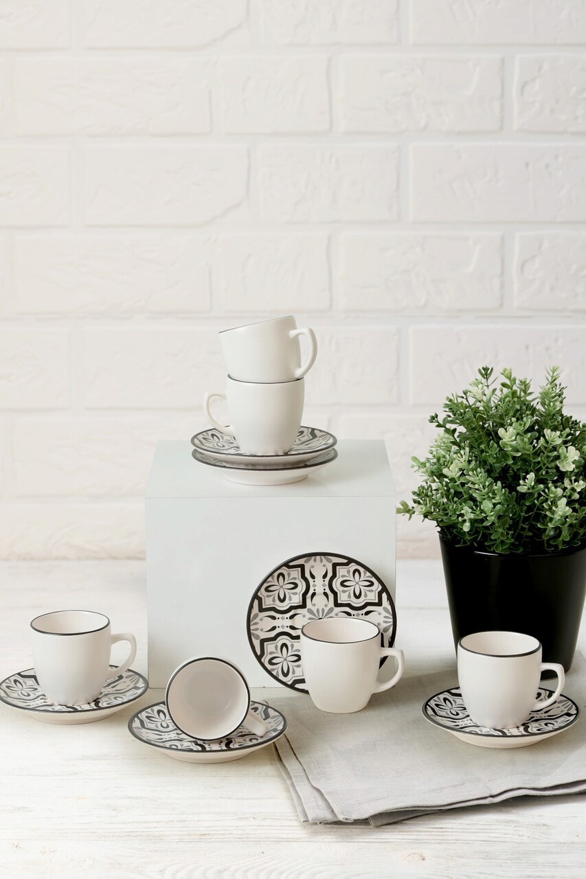 Set cesti de cafea, Hermia, 275KRM1924, Farfurie: 12 cm (6 bucăți), Alb/Negru