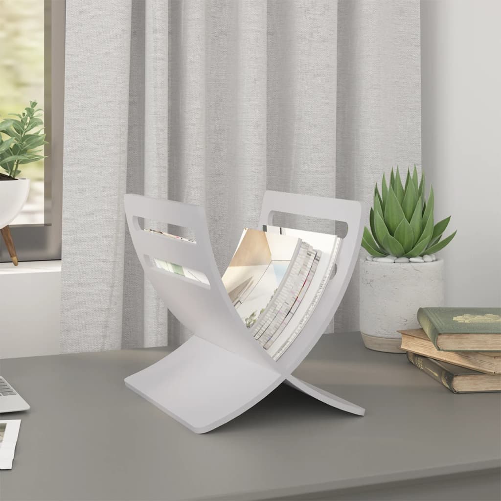 vidaXL Suport din lemn pentru reviste, vertical, alb