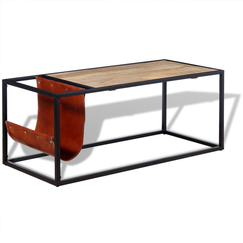 vidaXL Masuță cafea cu suport reviste din piele naturală, 110x50x45 cm