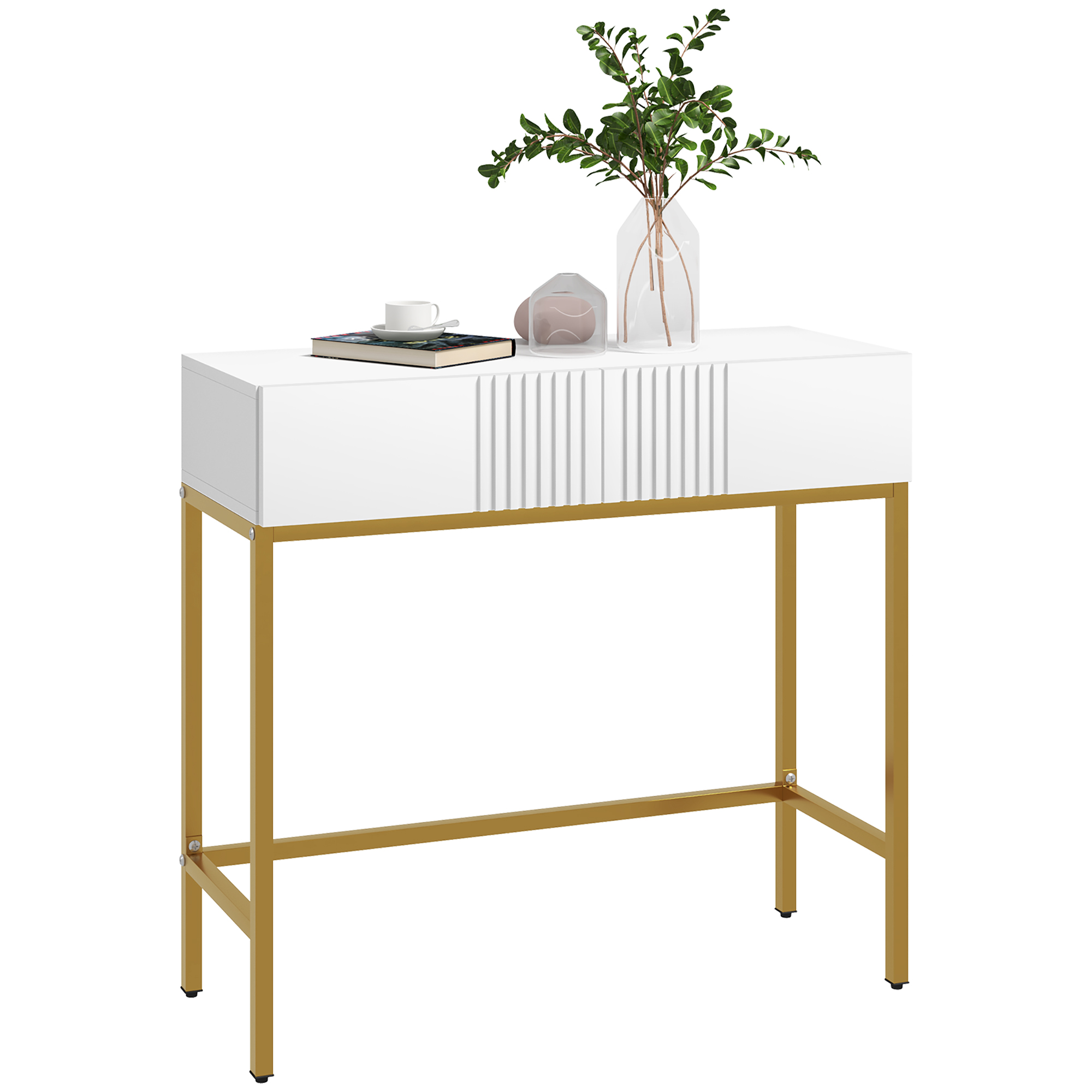 HOMCOM Masă Consolă cu 2 Sertare, Masă Modernă de Intrare cu Bază din Oțel în Ton Auriu, 80×31.5×75 cm, Alb | Aosom Romania