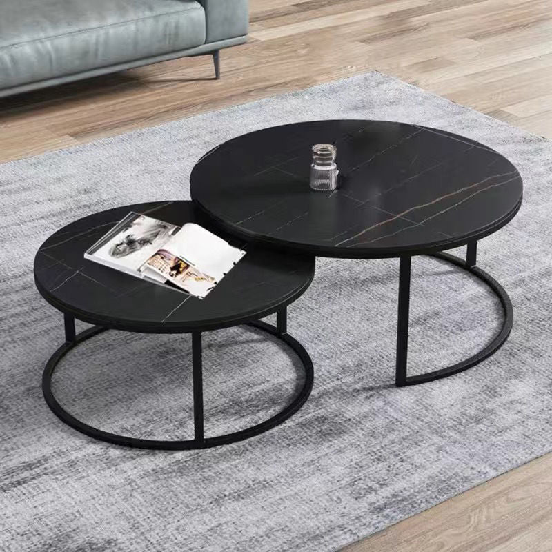 Set 2 masute rotunde de cafea cu efect de marmura, diametru 70/50 cm, blat MDF, cadru metalic