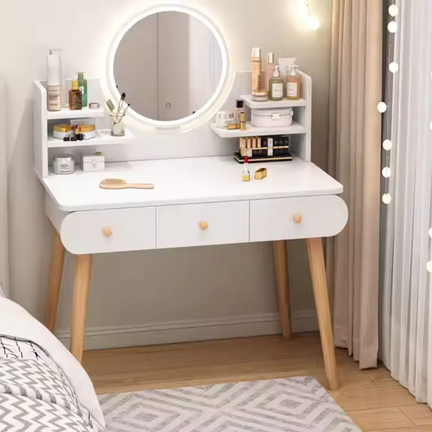 Masa toaletă cu oglindă LED tactilă, cu rafturi și sertare – MDF + lemn masiv, alb/gri, 100x120x40 cm Masa toaletă cu oglindă LED tactilă, cu rafturi și sertare – MDF + lemn masiv, alb/gri, 100x120x40 cm