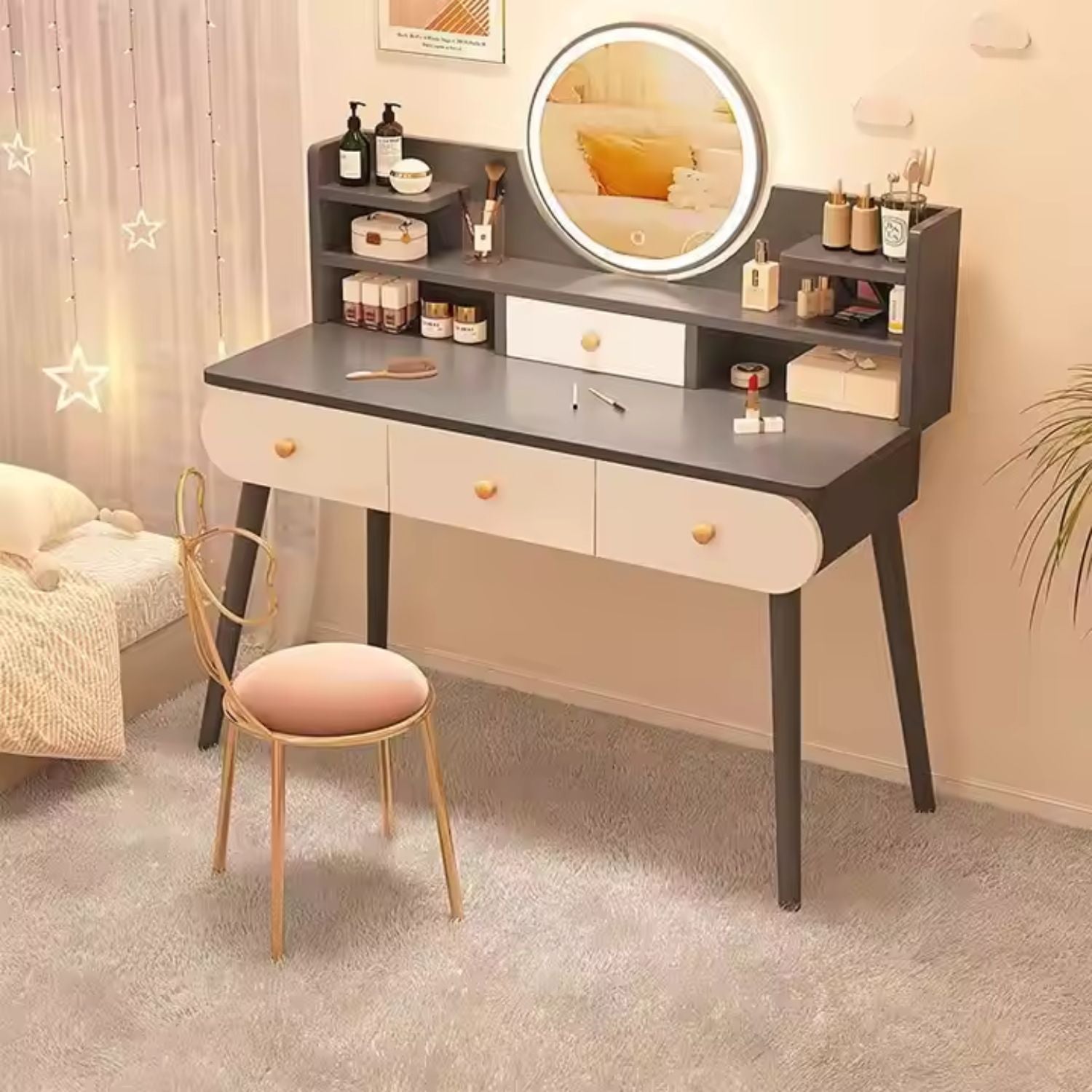 Masa toaletă cu oglindă LED tactilă, cu rafturi și sertare – MDF + lemn masiv, alb/gri, 100x120x40 cm Masa toaletă cu oglindă LED tactilă, cu rafturi și sertare – MDF + lemn masiv, alb/gri, 100x120x40 cm