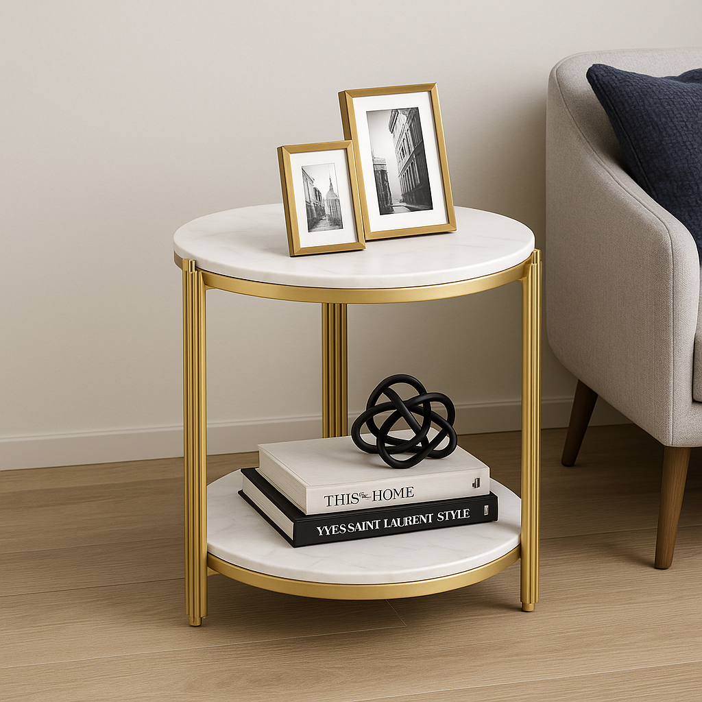 Masuta rotunda pe 2 nivele, blat tip piatra, cadru metalic auriu, design elegant, 60×30 cm