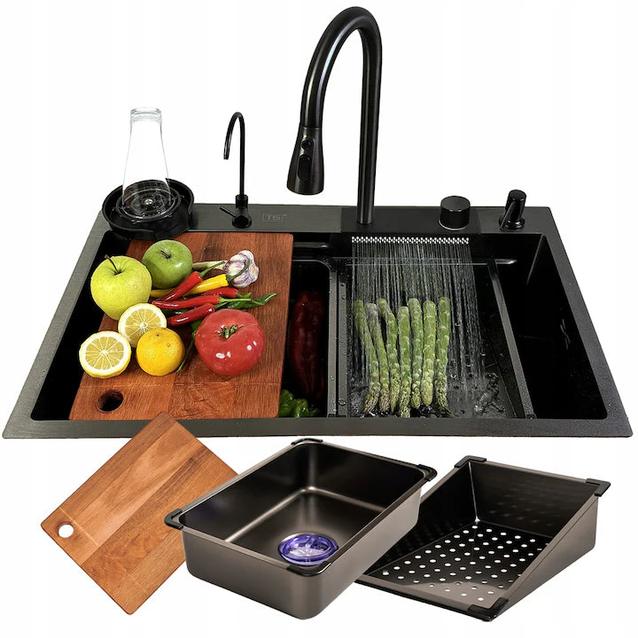 Set chiuveta bucatarie cu baterie cu dus extractibil și accesorii, dimensiune 750×460, culoare gri antracit Set chiuveta bucatarie cu baterie cu dus extractibil și accesorii, dimensiune 750×460, culoare gri antracit