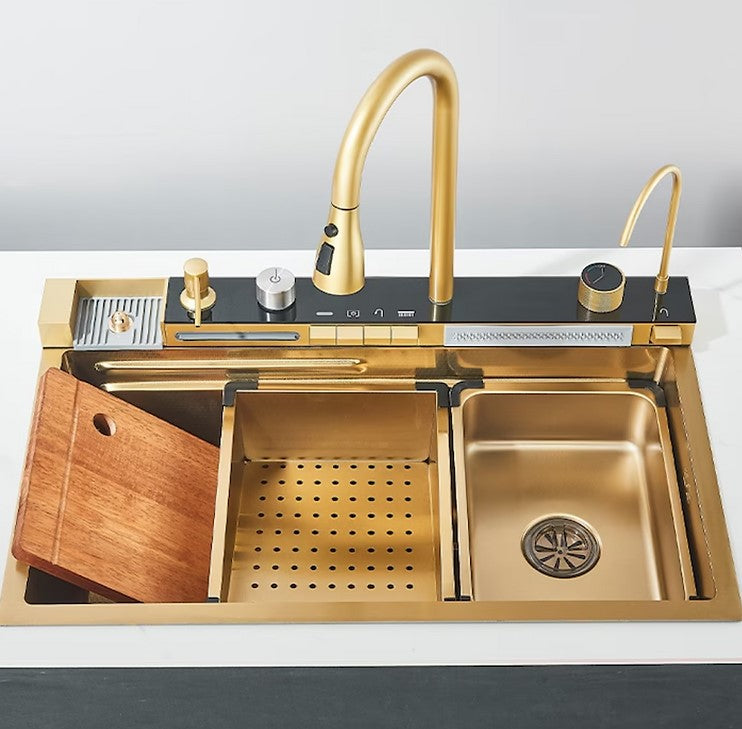 Chiuveta multifunctionala cu 2 cascade cu accesorii incluse, afisaj digital a temperaturii si robinet cascada, culoare Gold, 750x460mm Chiuveta multifunctionala cu 2 cascade cu accesorii incluse, afisaj digital a temperaturii si robinet cascada, culoare Gold, 750x460mm