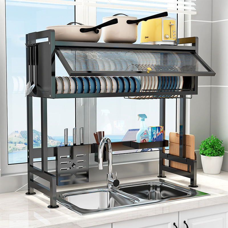 Suport de vase metalic multifunctional cu scurgator, suport pentru ustensile si tacamuri Suport de vase metalic multifunctional cu scurgator, suport pentru ustensile si tacamuri