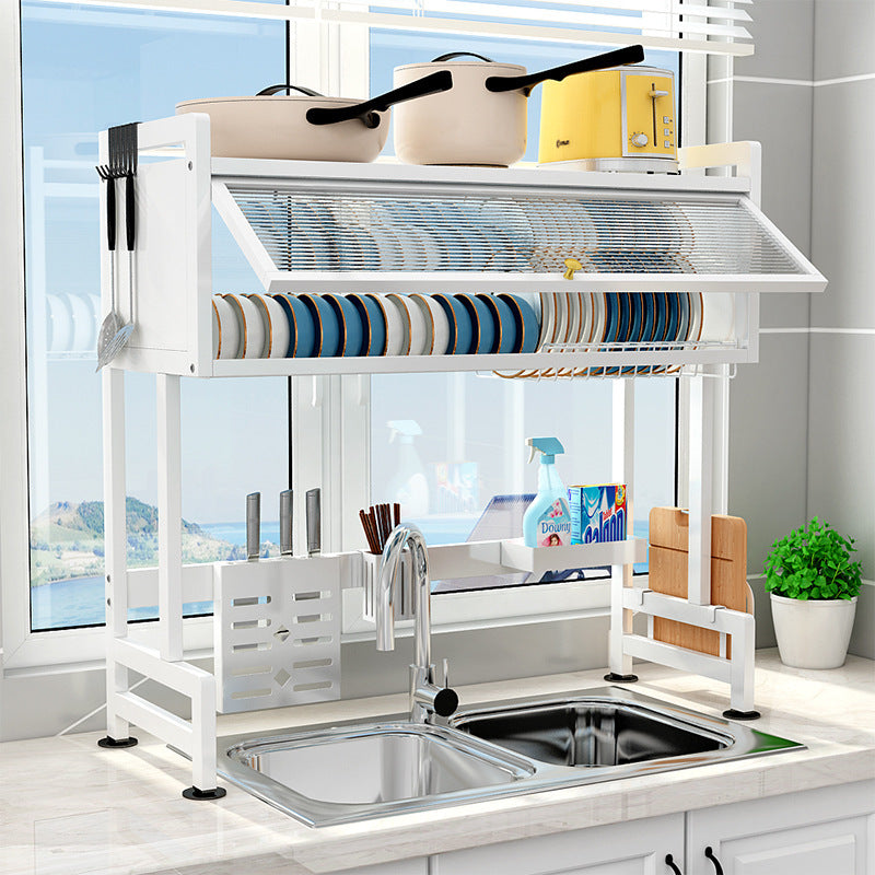 Suport de vase metalic multifunctional cu scurgator, suport pentru ustensile si tacamuri Suport de vase metalic multifunctional cu scurgator, suport pentru ustensile si tacamuri