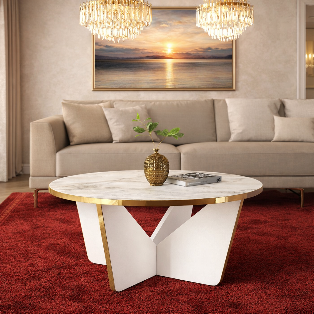 Masuta de cafea rotunda, blat tip marmura, cadru metalic auriu, design modern premium – 75x75x35 cm
