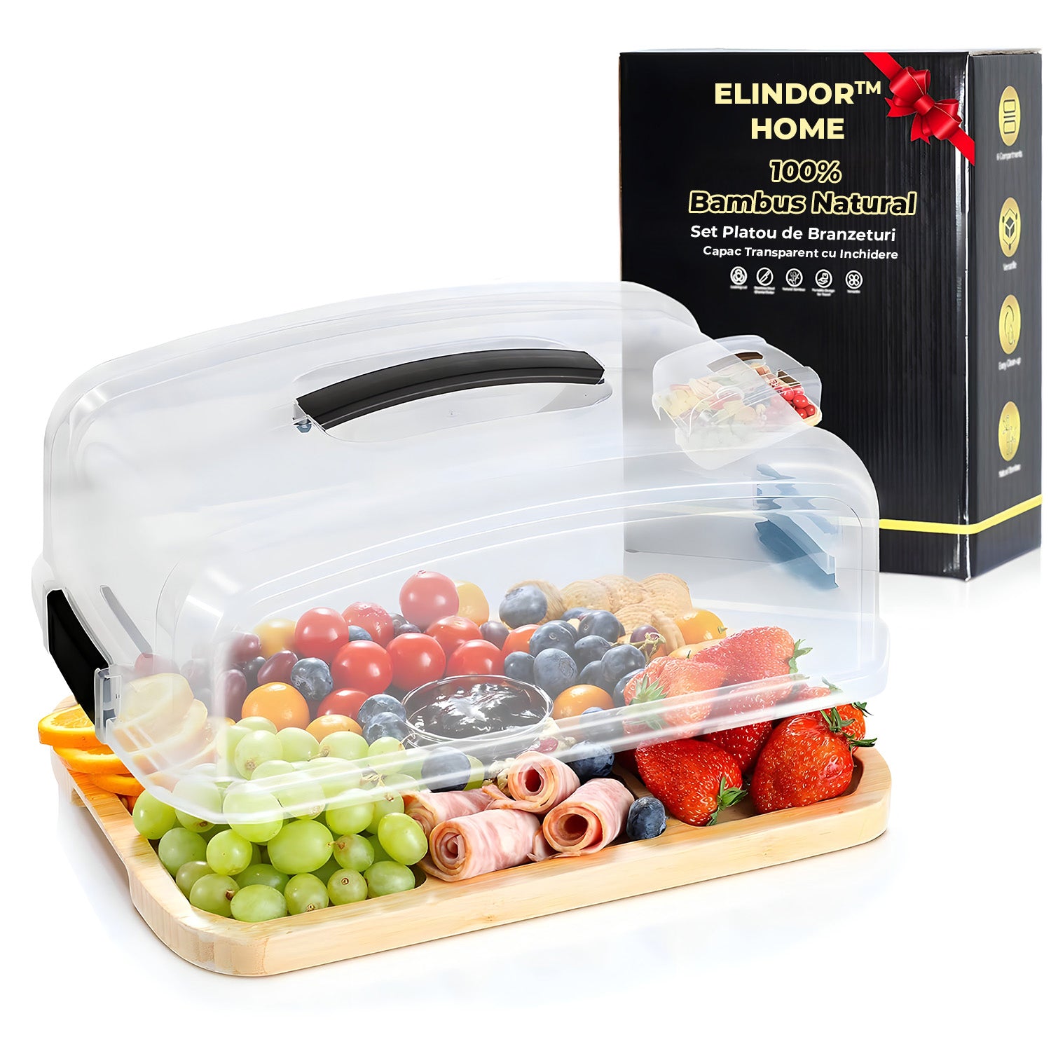 Platou pentru Branzeturi si Aperitive Elindor® din Bambus cu Capac, Tava Compartimentata pentru Branzeturi, Mezeluri si Gustari, 6 Sectiuni, Platou de Bucatarie, 36.5 x 27.94 x 14 cm, Bej – Default Title