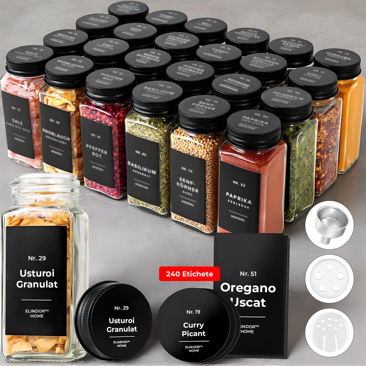 Set 24 Recipiente Condimente Elindor® din Sticla cu Capac Metalic Negru, cu Sita, Organizator Bucatarie, Organizatoare Sertar, Borcane 120 ml, 2 Tipuri de Etichete, Palnie Metalica, Transparent – Default Title Set 24 Recipiente Condimente Elindor® din Sticla cu Capac Metalic Negru, cu Sita, Organizator Bucatarie, Organizatoare Sertar, Borcane 120 ml, 2 Tipuri de Etichete, Palnie Metalica, Transparent – Default Title