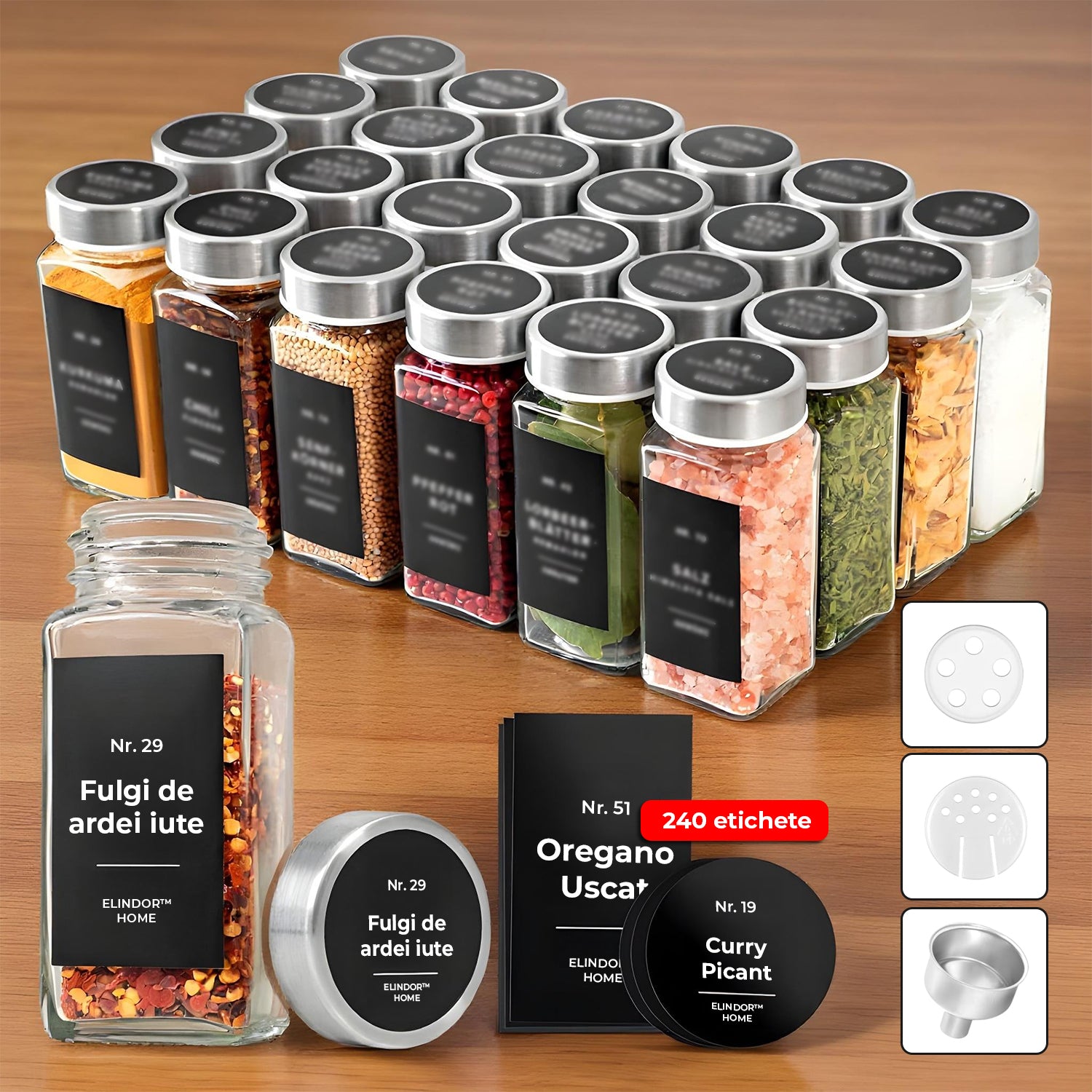 Set 24 Recipiente Condimente Elindor® din Sticla cu Capac din Inox, cu Sita, Organizator Bucatarie, Organizatoare Sertar, Borcane 120 ml, 2 Tipuri de Etichete si Palnie Metalica Accesorii Depozitare, Transparent – Default Title
