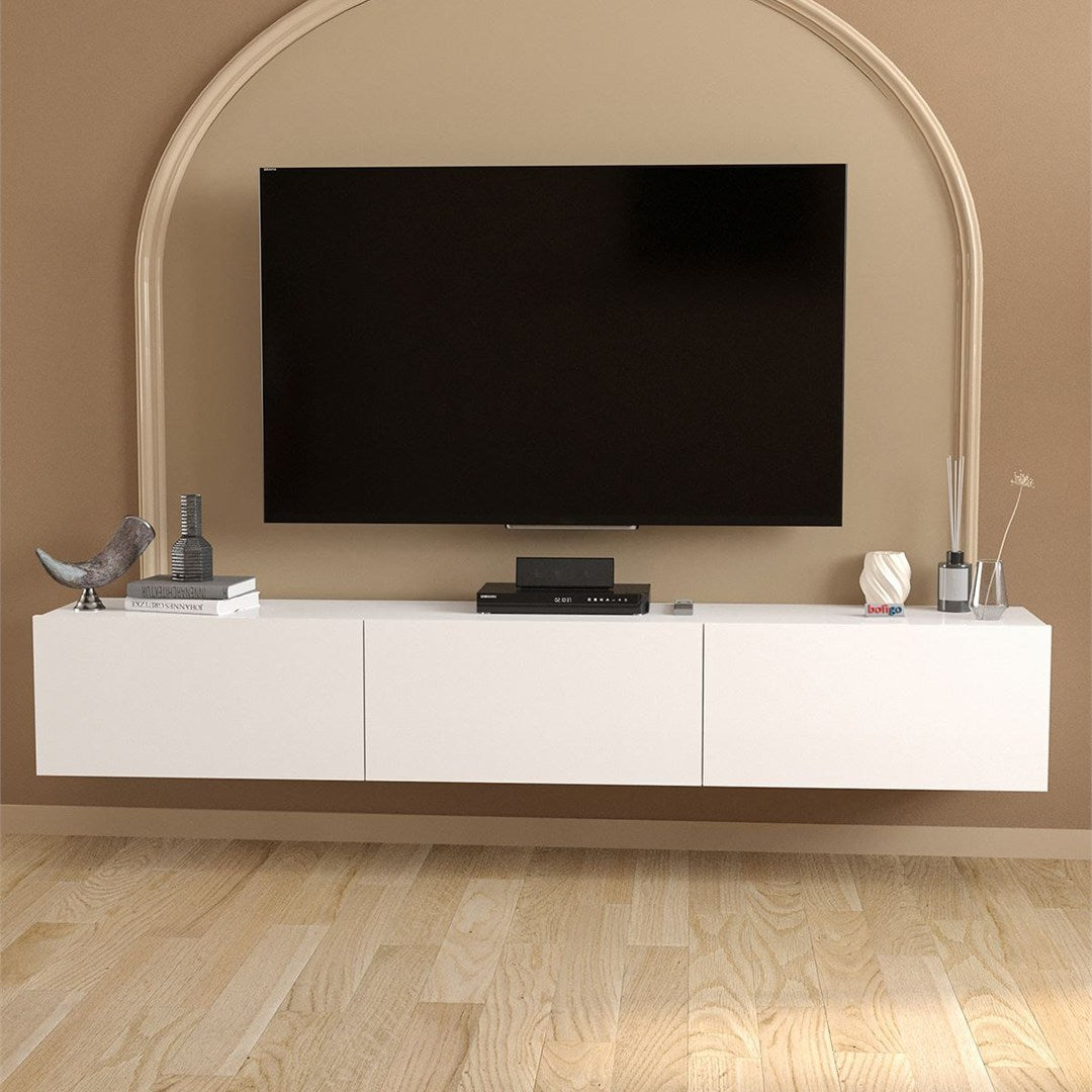 Comoda TV Marvel 180,9 cm, mobilier living, suport televizor mare pana la 75 inch, 3 usi rabatabile cu inchidere lina soft-close, PAL melaminat 18 mm clasa E1, pentru soundbar si consola jocuri