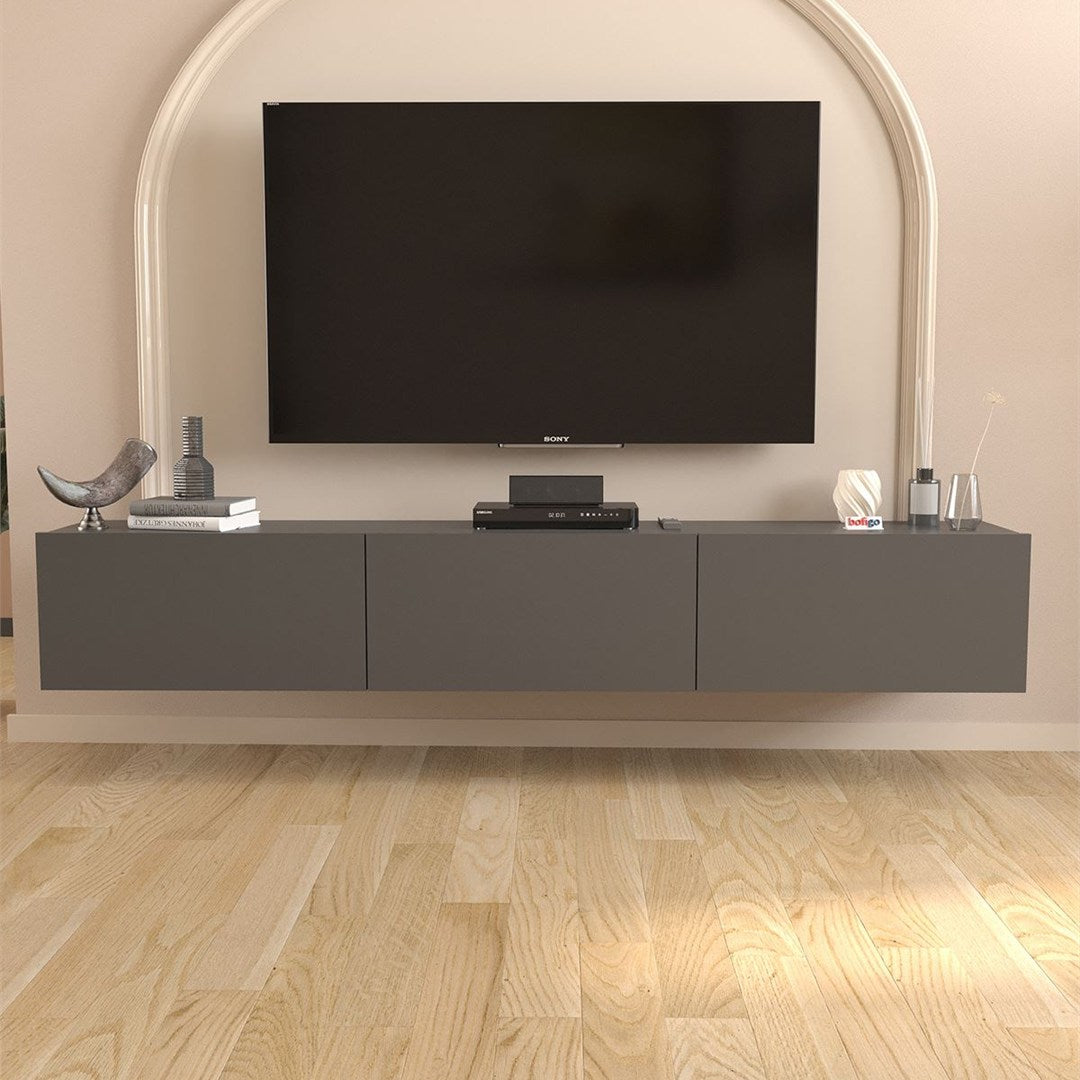 Comoda TV Marvel 180,9 cm, mobilier living, suport televizor mare pana la 75 inch, 3 usi rabatabile cu inchidere lina soft-close, PAL melaminat 18 mm clasa E1, pentru soundbar si consola jocuri