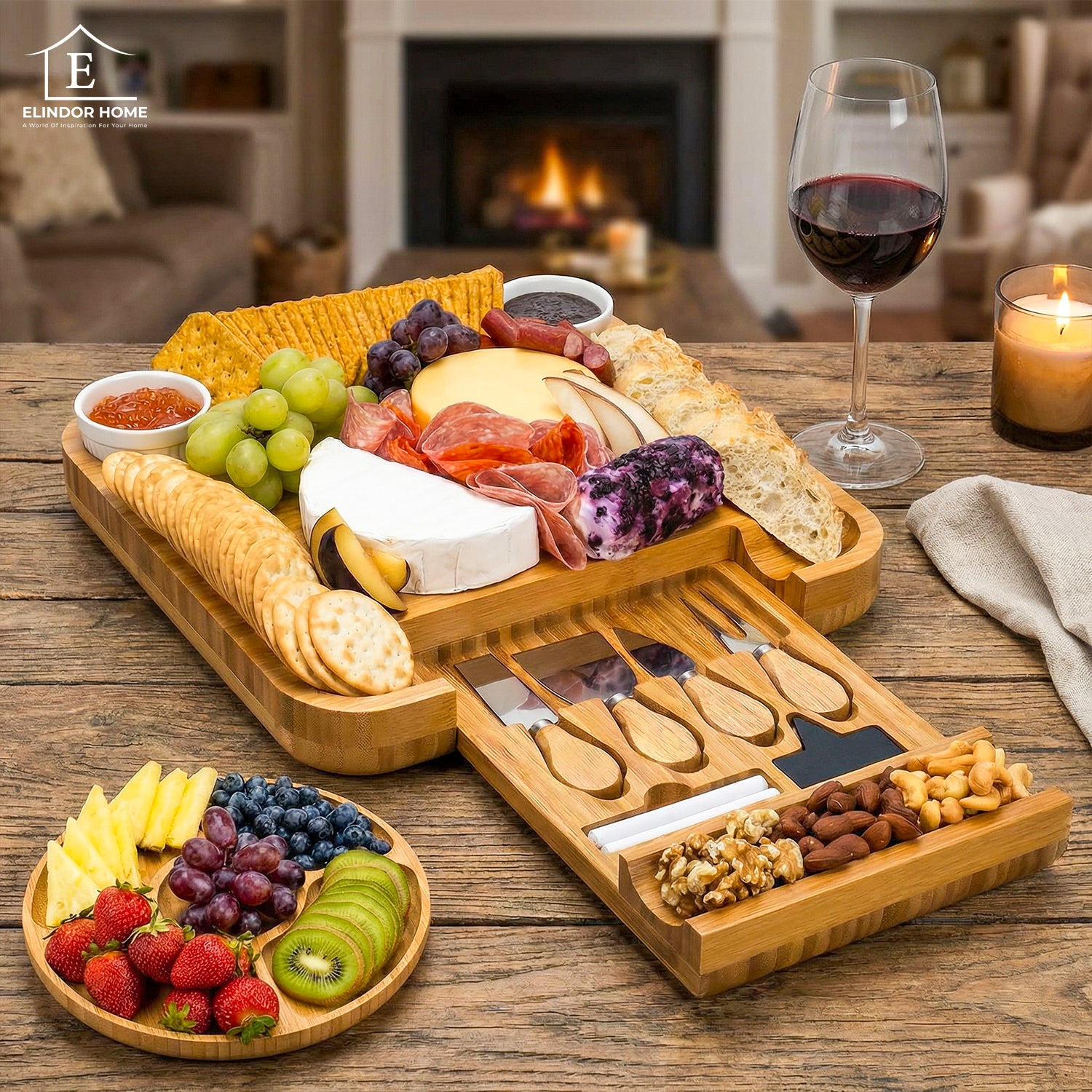 Platou pentru Servire Branzeturi si Aperitive Elindor® din Bambus, Tava Rotunda, Cutite Branzeturi, Boluri Ceramice, Platou de Bucatarie, 36.2 × 36.2 × 45 cm, Bej – Default Title