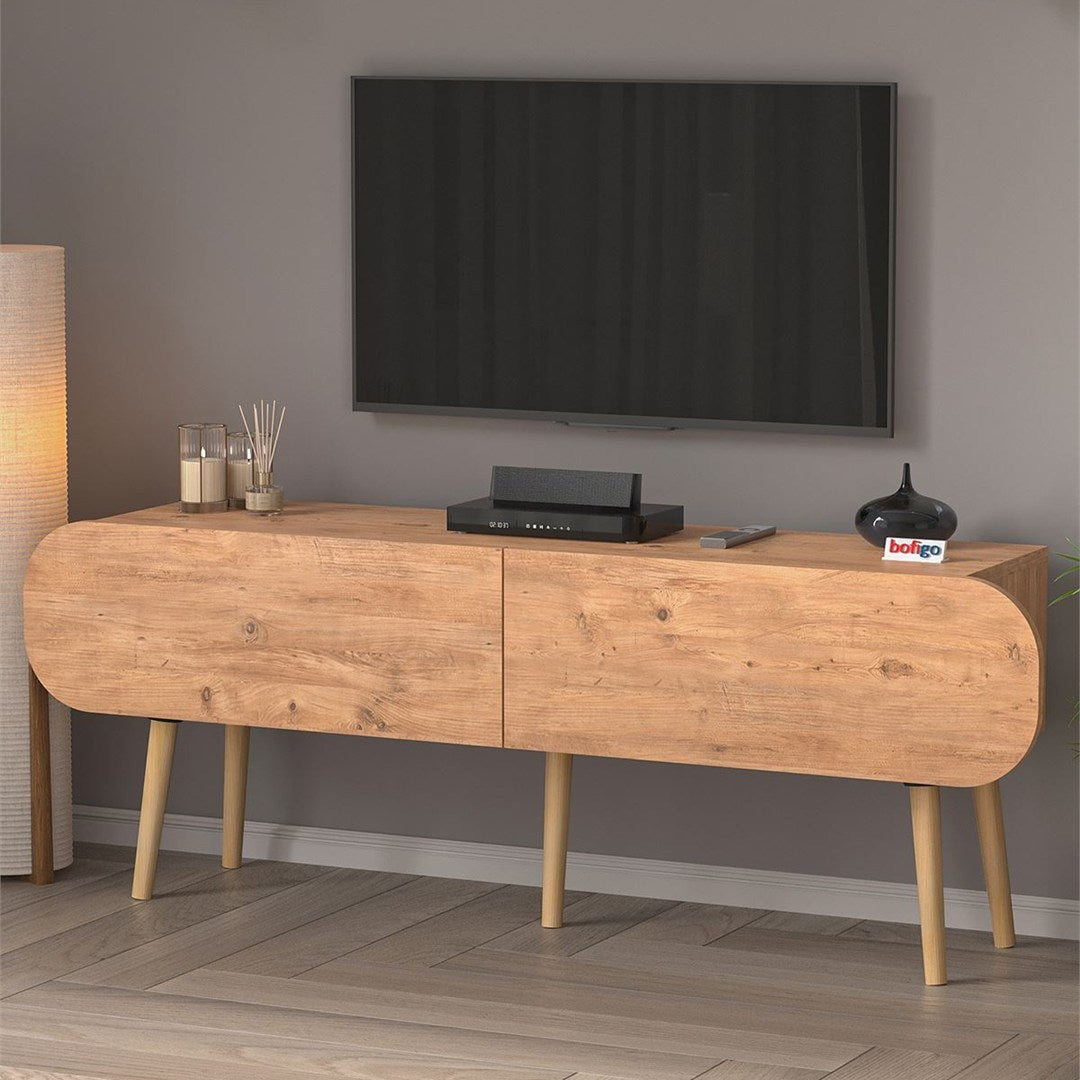 Comoda TV Sicily 120 cm, cu 2 usi rabatabile push-to-open, PAL melaminat 18 mm clasa E1, suport TV pana la 55 inch, blat 50 kg, design stil modern scandinav