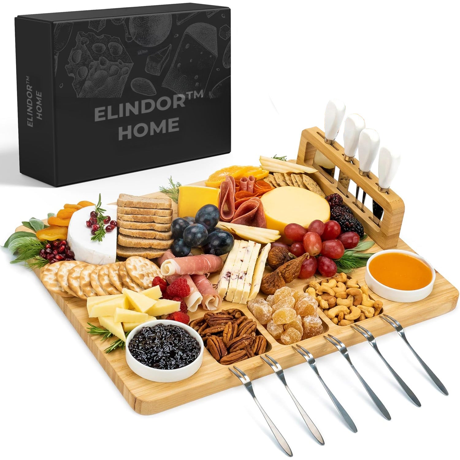 Set Platou Servire Elindor® din Bambus Natural, cu Suport Magnetic, Cutite Branzeturi, Boluri Ceramice si Furculite – Ideal pentru Aperitive, Fructe, Cadouri Casa Noua, Nunta sau Petreceri, Set Elegant si Practic – Default Title