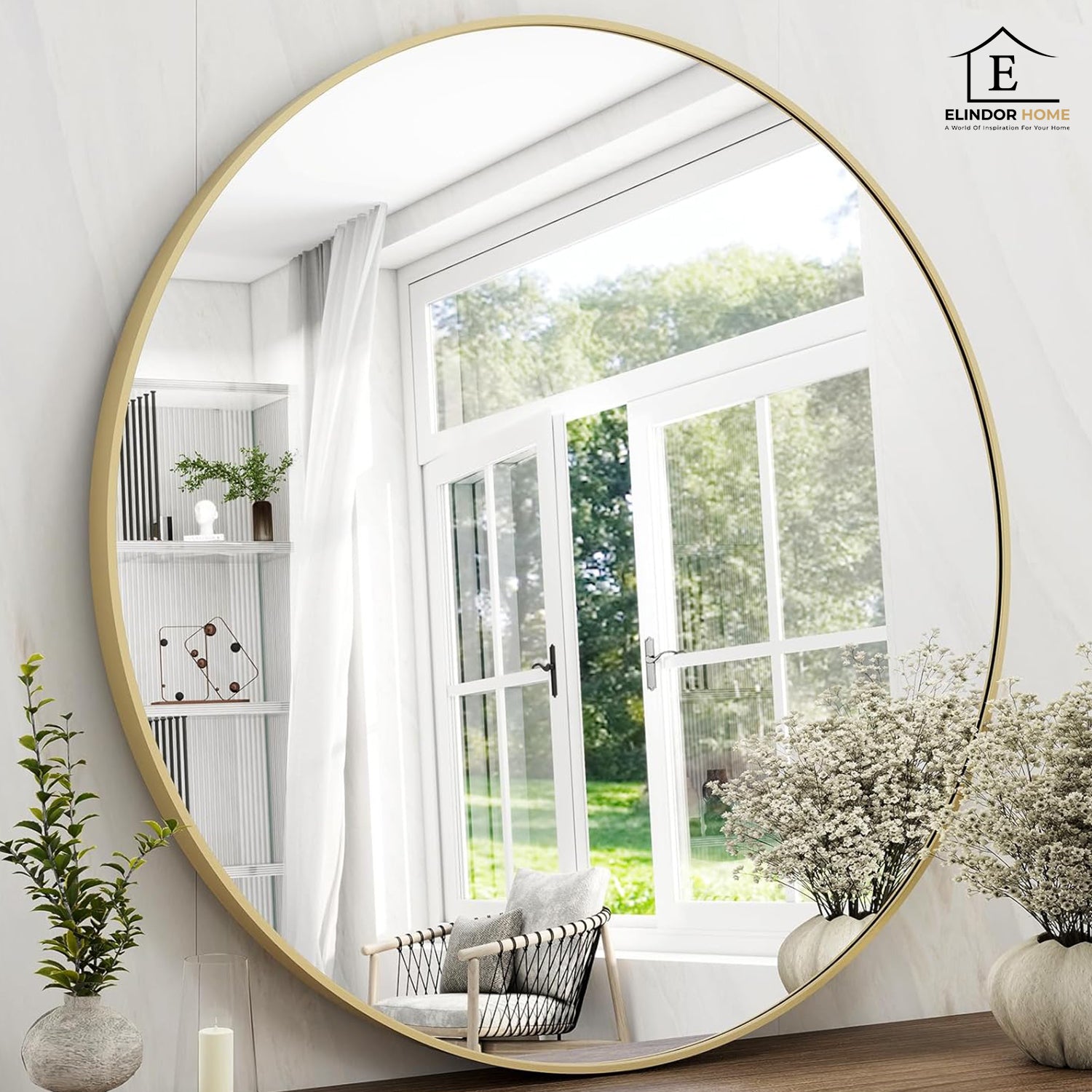 Oglinda Rotunda Aurie Elindor® Decorativa, Moderna si Eleganta, Reflexie HD, Sticla fara Distorsiuni, Ideala pentru Dormitor, Living, Birou, Dressing, Hol, Rama Metalica, Diametru 105 cm – Default Title