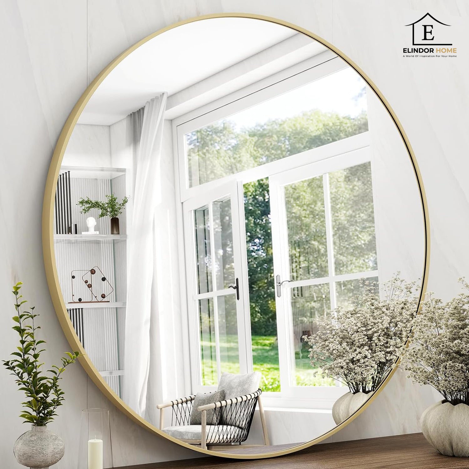 Oglinda Rotunda Aurie Elindor® Decorativa, Moderna si Eleganta, Reflexie HD, Sticla fara Distorsiuni, Ideala pentru Dormitor, Living, Birou, Dressing, Hol, Rama Metalica, Diametru 90 cm – Default Title