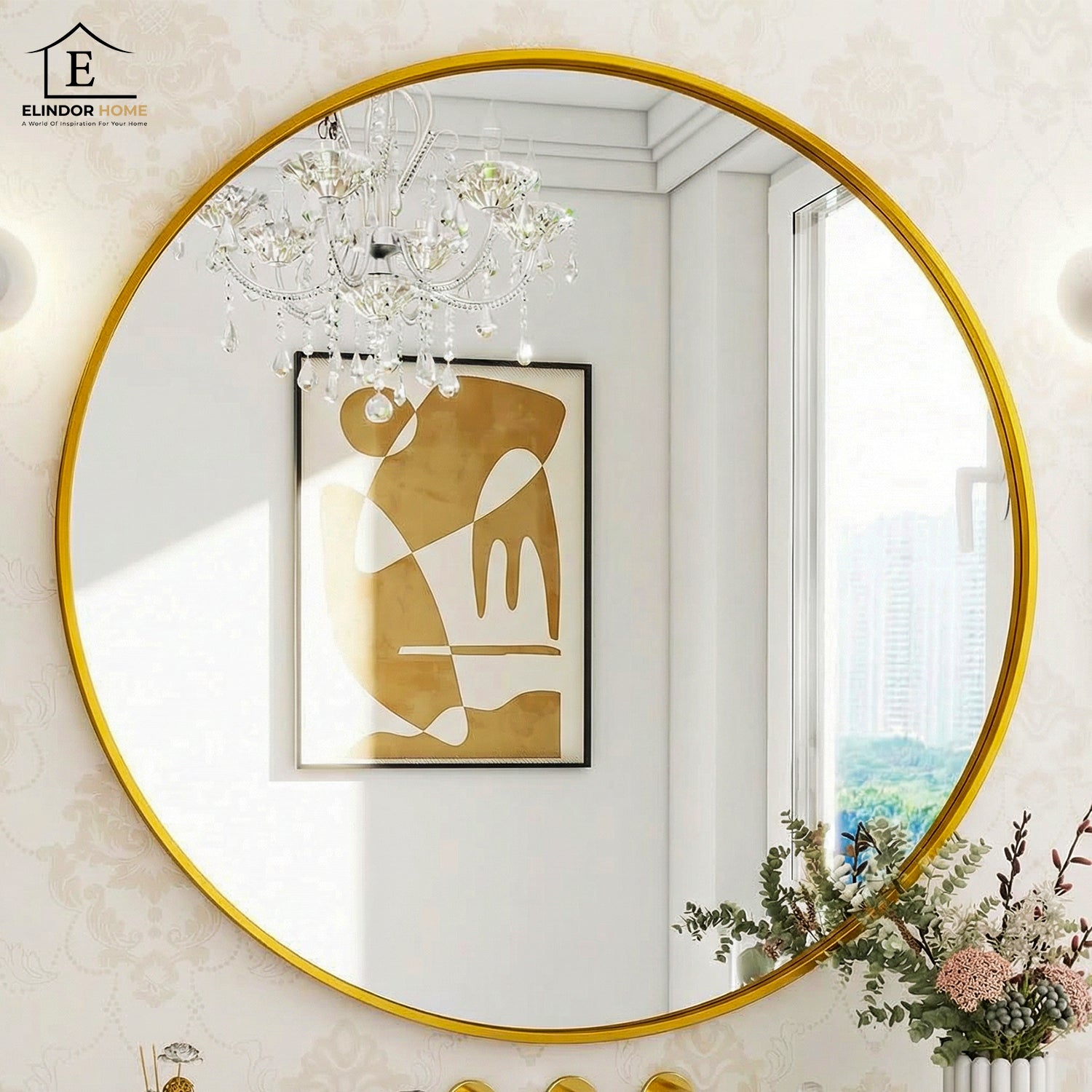Oglinda Rotunda Aurie Elindor® Decorativa, Eleganta si Moderna, Reflexie HD, Sticla fara Distorsiuni, Ideala pentru Dormitor, Living, Birou, Dressing, Hol, Rama Metalica, Diametru 80 cm – Default Title