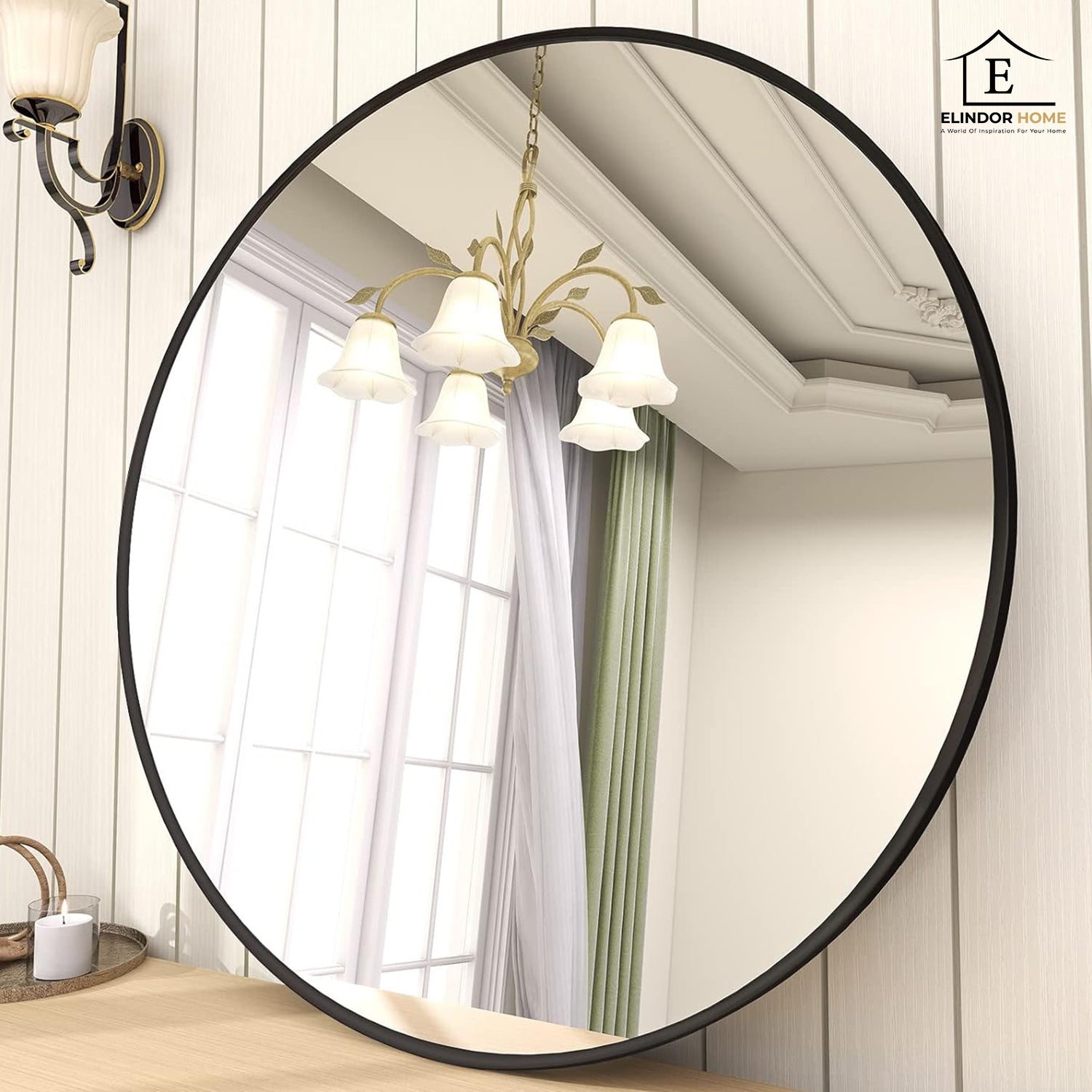 Oglinda Rotunda Neagra Elindor® Decorativa, Moderna si Eleganta, Reflexie HD, Sticla fara Distorsiuni, Ideala pentru Dormitor, Living, Birou, Dressing, Hol, Rama Metalica, Diametru 90 cm – Default Title