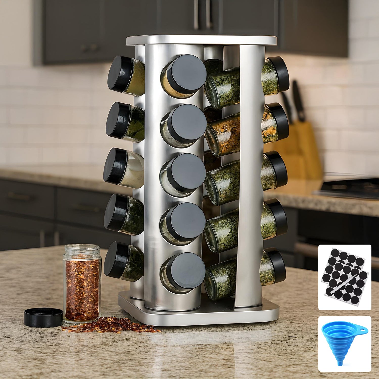 Organizator Condimente Elindor® din Inox, Suport Tip Turn, Rotativ, cu 20 Compartimente si Recipiente din Sticla, Borcane cu Capac, Organizator Bucatarie, Accesorii Depozitare, 34 x 18.3 cm, Argintiu – Default Title Organizator Condimente Elindor® din Inox, Suport Tip Turn, Rotativ, cu 20 Compartimente si Recipiente din Sticla, Borcane cu Capac, Organizator Bucatarie, Accesorii Depozitare, 34 x 18.3 cm, Argintiu – Default Title