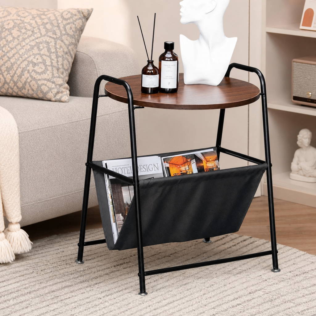 Masuta laterala cu blat rotund aspect lemn, suport textil pentru reviste, cadru metalic negru, 40 x 38 x 60 cm Masuta laterala cu blat rotund aspect lemn, suport textil pentru reviste, cadru metalic negru, 40 x 38 x 60 cm