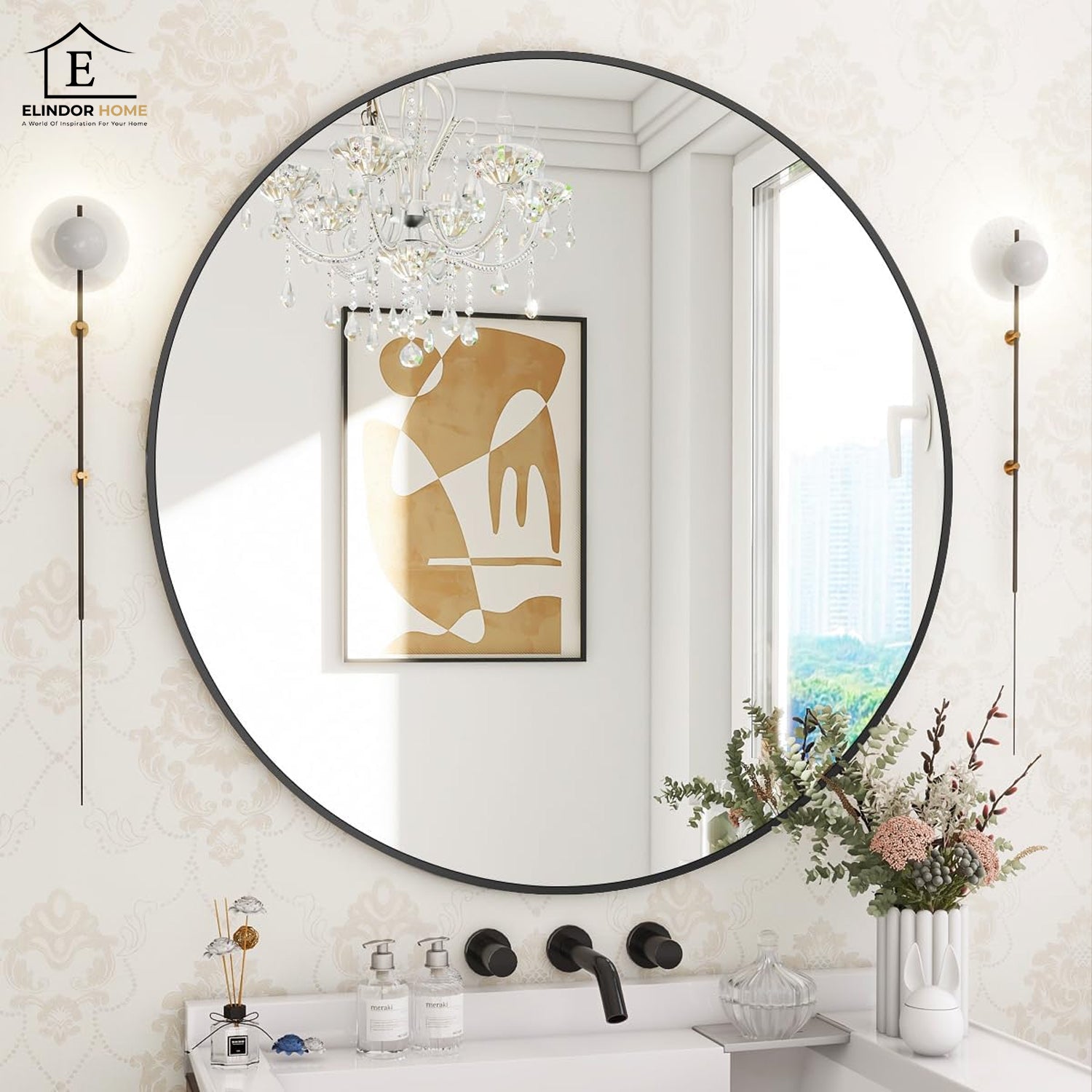 Oglinda Rotunda Neagra Elindor® Decorativa, Eleganta si Moderna, Reflexie HD, Sticla fara Distorsiuni, Ideala pentru Dormitor, Living, Birou, Dressing, Hol, Rama Metalica, Diametru 80 cm – Default Title