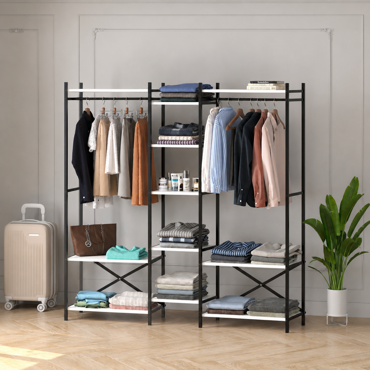 Dressing Deschis Suport de Haine cu 10 Polite pentru Haine, Incaltaminte si Depozitare, 172 x 34 x 181 cm Dressing Deschis Suport de Haine cu 10 Polite pentru Haine, Incaltaminte si Depozitare, 172 x 34 x 181 cm