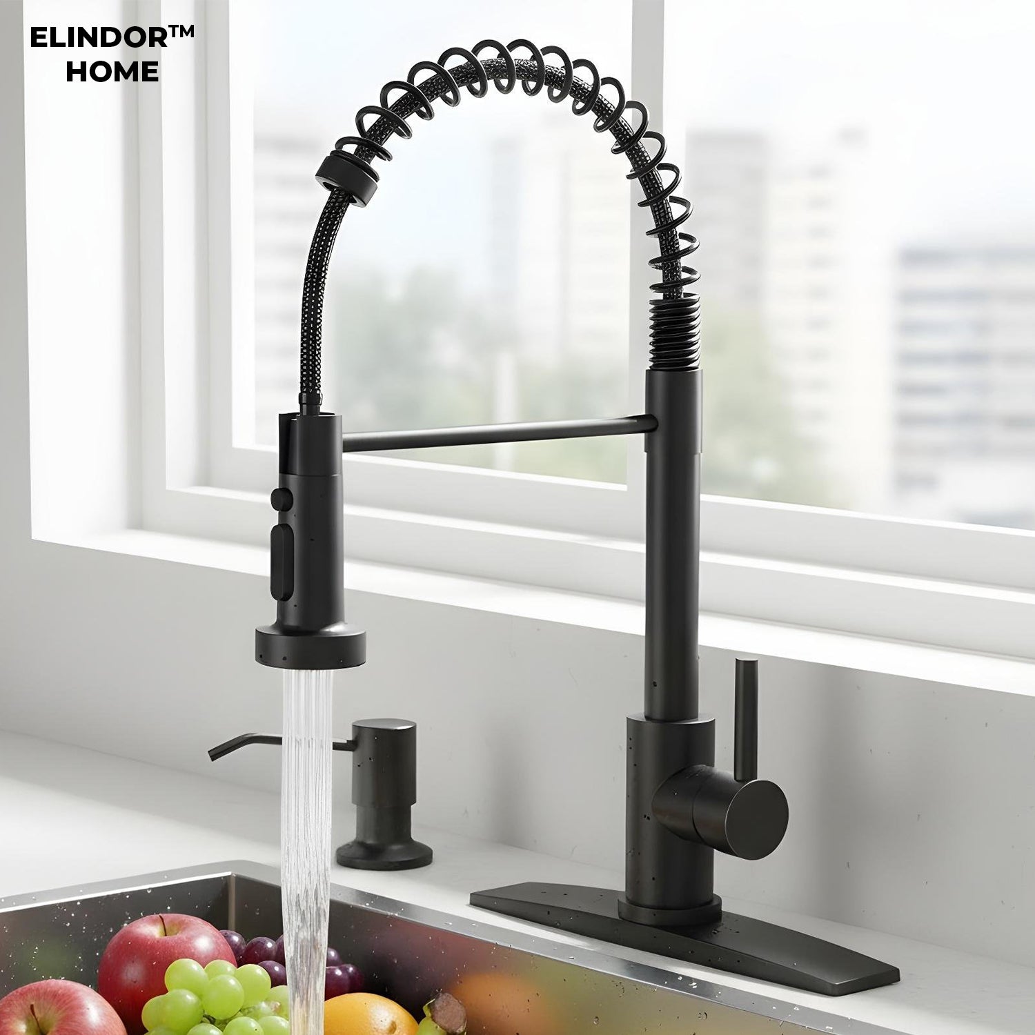 Baterie Chiuveta Bucatarie Neagra Elindor® Robinet de Apa Modern, cu Suport Incastrat pentru Sapun, Jet Reglabil, Cap Dus Extractabil cu Trei Functii, Monocomanda, pentru Bucatarie, Otel Inoxidabil, Finisaj Mat – Default Title