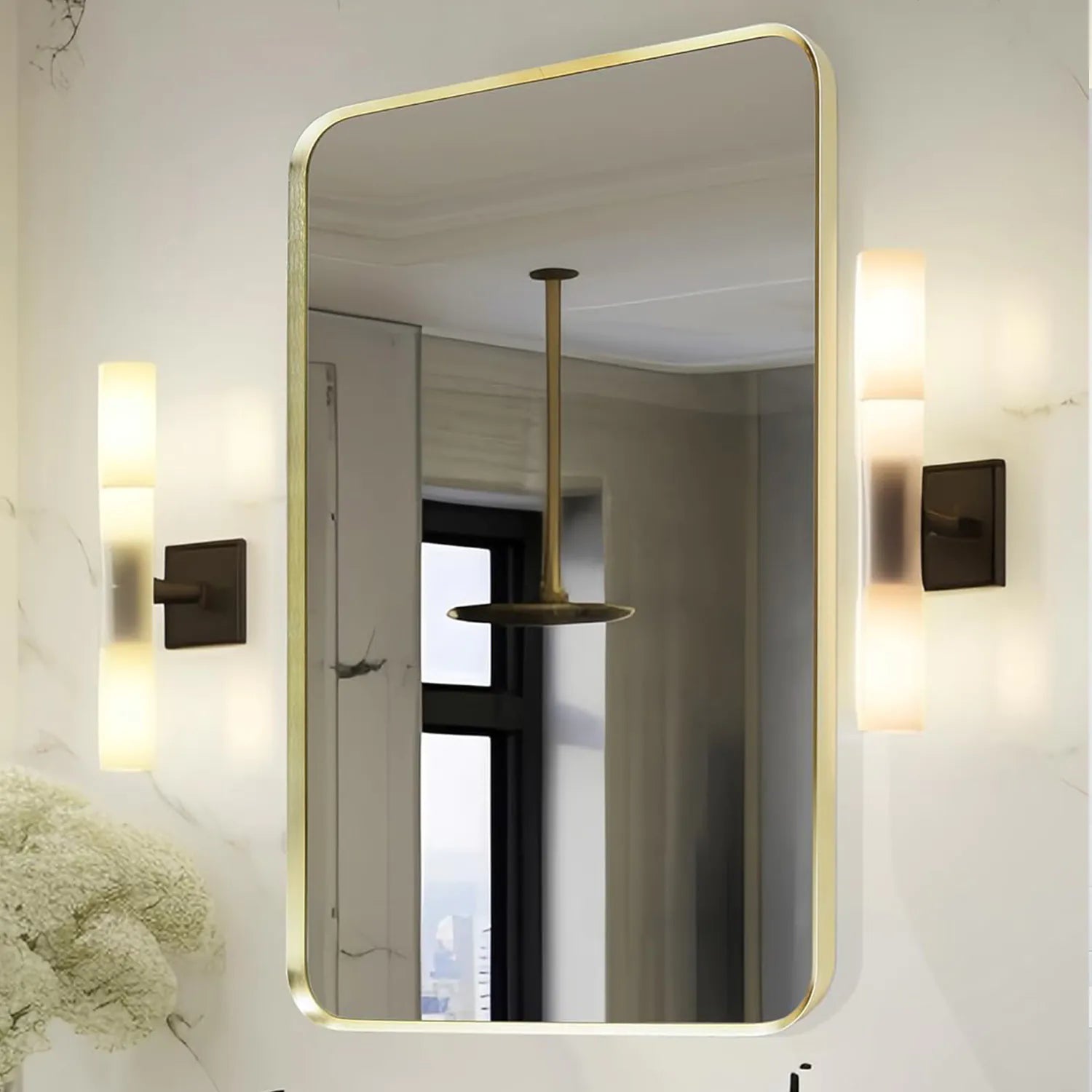 Oglinda de Perete Hol Elindor® sau Sprijinita, Aurie Inchis, Decorativa, Dreptunghiulara, Colturi Rotunjite, Moderna si Eleganta, Reflexie HD, Sticla fara Distorsiuni, Ideala pentru Dormitor, Living, Birou, Dressing, Rama din Aluminiu, 55 x 75 cm – Defau