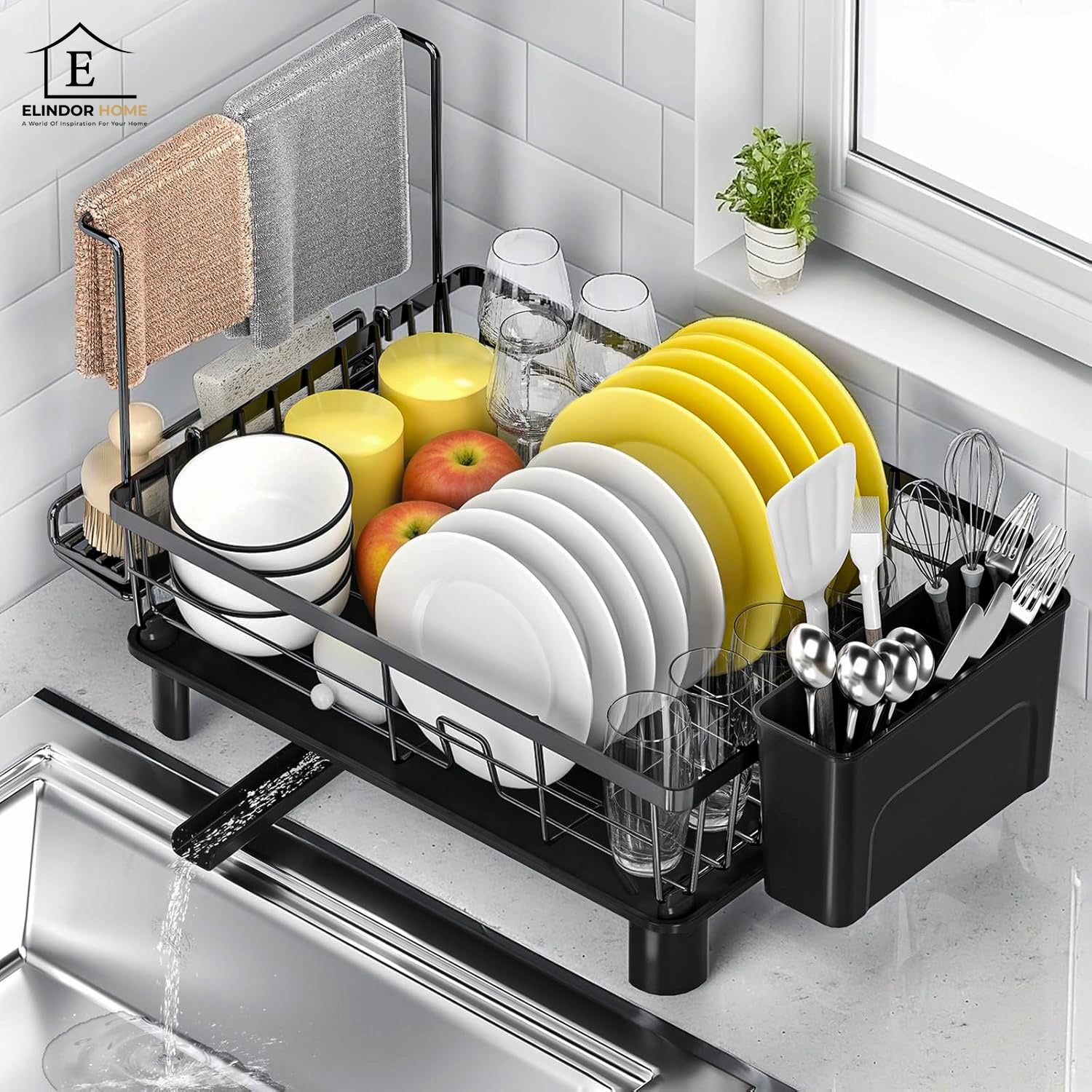 Scurgator Vase Elindor® Suport Chiuveta pentru Farfurii, Uscator Incorporabil, Ideal pentru Tacamuri, Vesela, Capace, Oale, Pahare, Tava din Plastic cu Scurgere, Organizator Bucatarie Multifunctional, Otel Carbon, 38 × 28 cm, Negru – Default Title