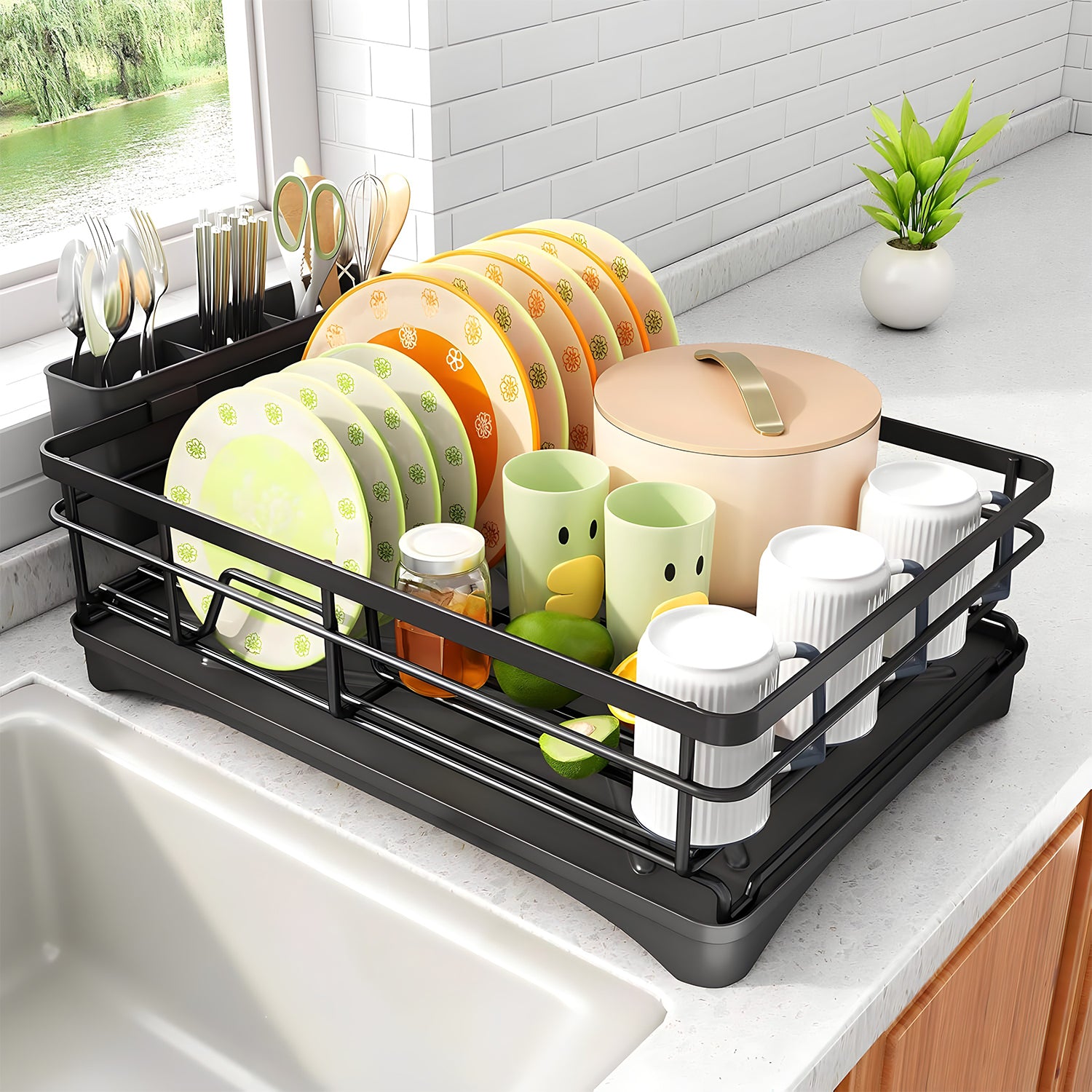 Scurgator Vase Elindor®, Suport Inox Carbon pentru Chiuveta, Uscator Incorporabil, Ideal pentru Tacamuri, Vesela, Farfurii, Capace, Oale, Pahare, Tava din Plastic cu Scurgere Automata, Organizator Bucatarie Multifunctional, 42 x 31 x 14.5 cm, Negru – Def