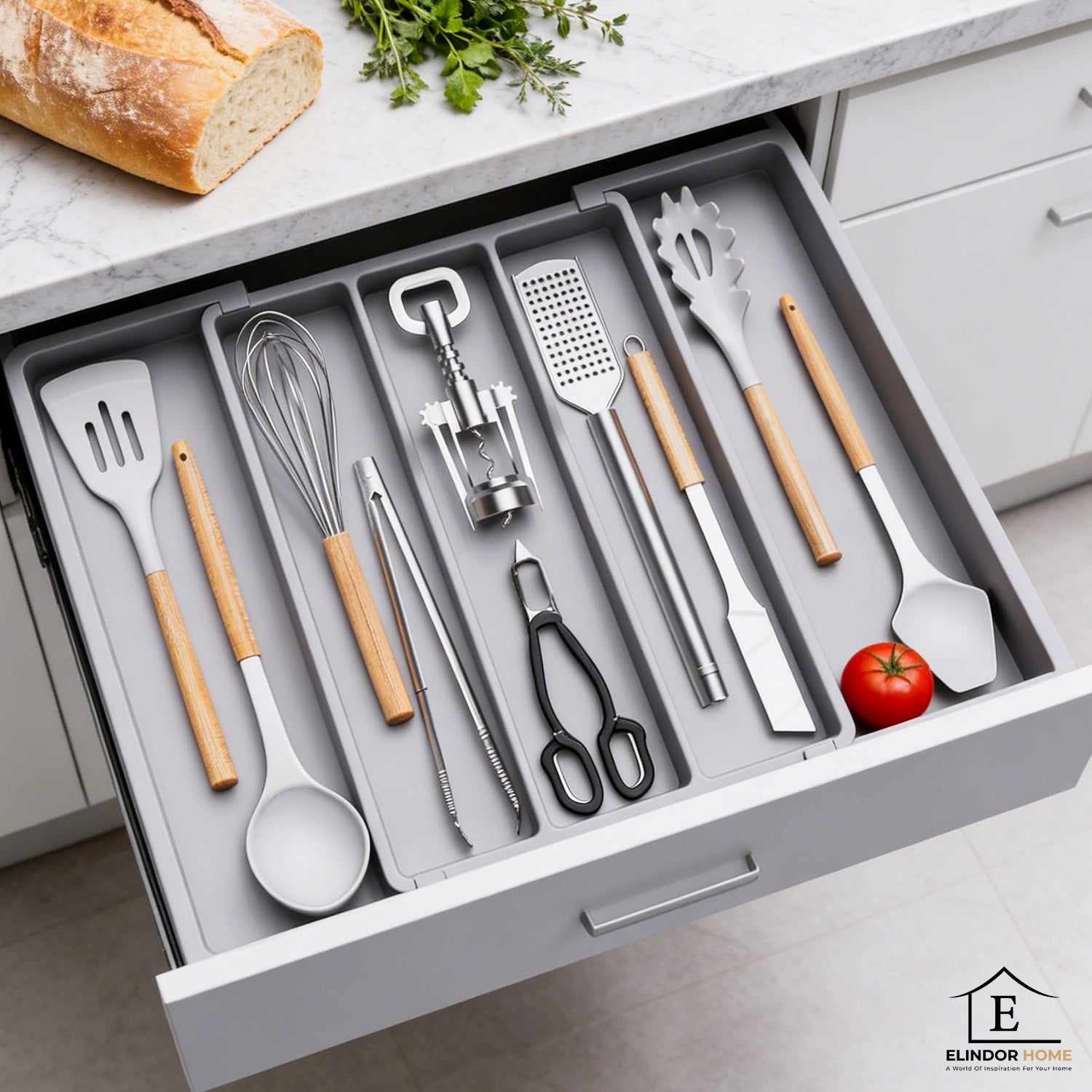 Organizator Elindor® pentru Tacamuri si Ustensile de Bucatarie, 5 Compartimente, Sertar Extensibil, Suport Ajustabil pentru Cutite, Linguri, Furculite, Accesorii Bucatarie, Separator Sertar, 57 × 38 × 5 cm, Gri – Default Title