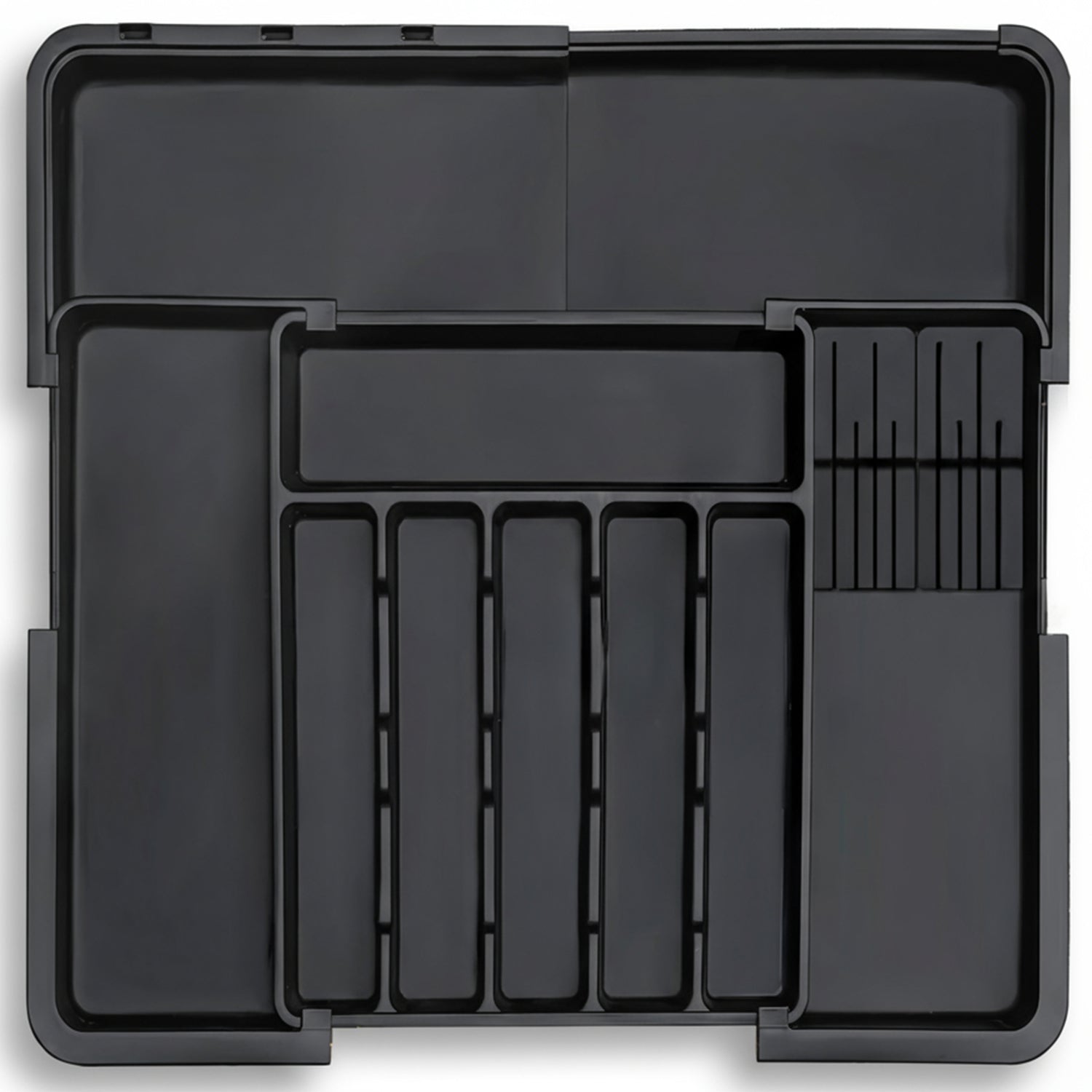 Organizator Extensibil Elindor® pentru Tacamuri si Ustensile de Bucatarie, 9 Compartimente, Sertar Extensibil 36.8-48.3 cm si 33.5 – 55.9 cm, Suport Ajustabil pentru Cutite, Linguri, Furculite, Negru – Default Title
