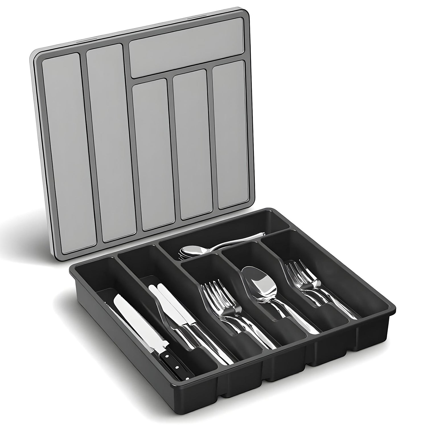 Organizator pentru Tacamuri Negru Elindor® Ustensile de Bucatarie, 6 Compartimente Depozitare, Suport pentru Cutite, Linguri, Furculite, Accesorii Bucatarie, Separator Sertar, 33x30x5.3 cm, PP fara BPA – Default Title