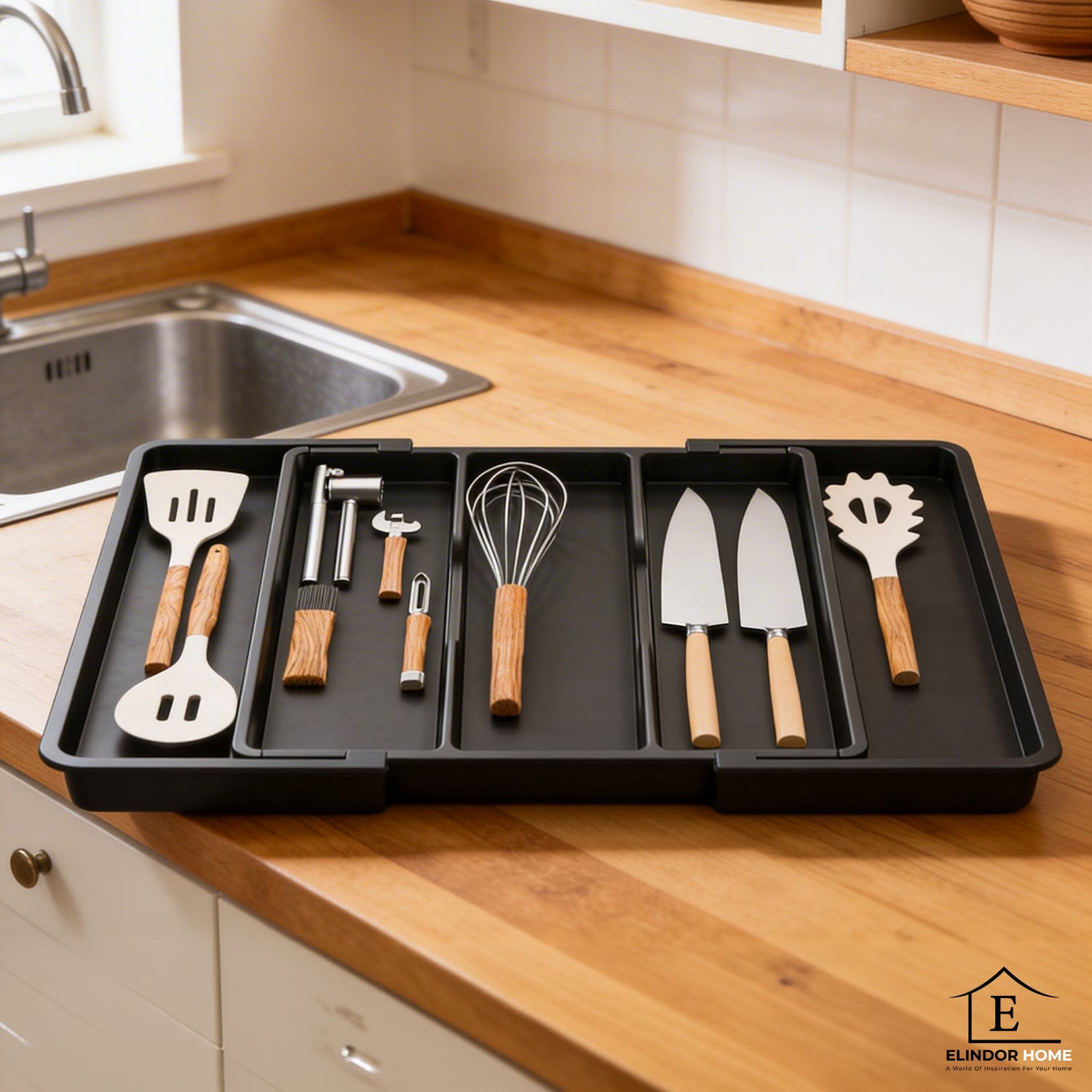 Organizator Elindor® pentru Tacamuri si Ustensile de Bucatarie, 5 Compartimente, Sertar Extensibil, Suport Ajustabil pentru Cutite, Linguri, Furculite, Accesorii Bucatarie, Separator Sertar, 57 × 38 × 5 cm, Negru – Default Title