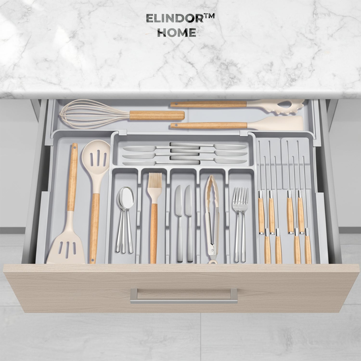 Organizator Extensibil Elindor® pentru Tacamuri si Ustensile de Bucatarie, 9 Compartimente, Sertar Extensibil 36.8-48.3 cm si 33.5 – 55.9 cm, Suport Ajustabil pentru Cutite, Linguri, Furculite, Gri – Default Title