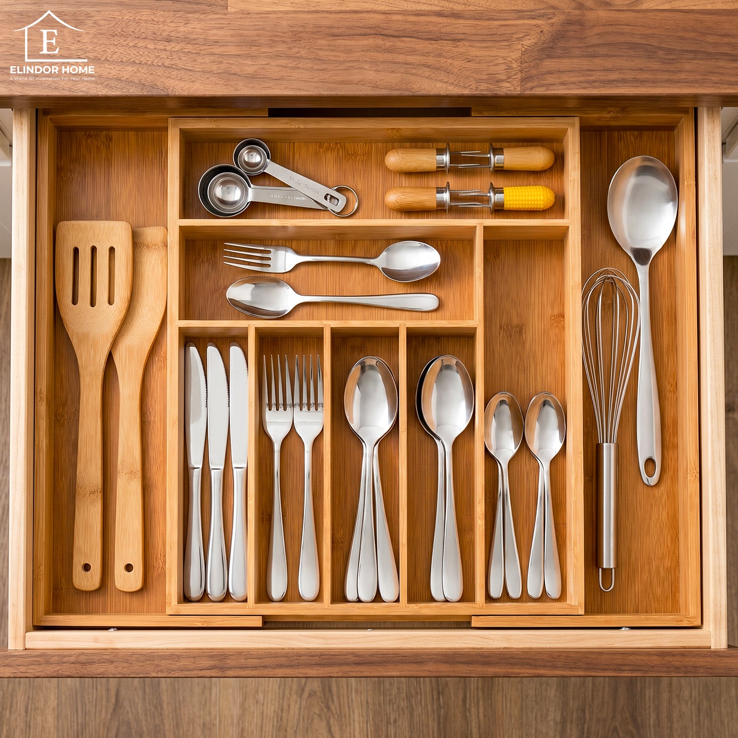 Organizator Extensibil Elindor® din Bambus, pentru Depozitare Tacamuri si Ustensile de Bucatarie, Furculite, Linguri, Cutite, 7-9 Compartimente, Sertar 50 x 44.5 x 5 cm, Suport Ajustabil, Separator Sertare Spatios, Accesorii Organizare, Bej – Default Tit
