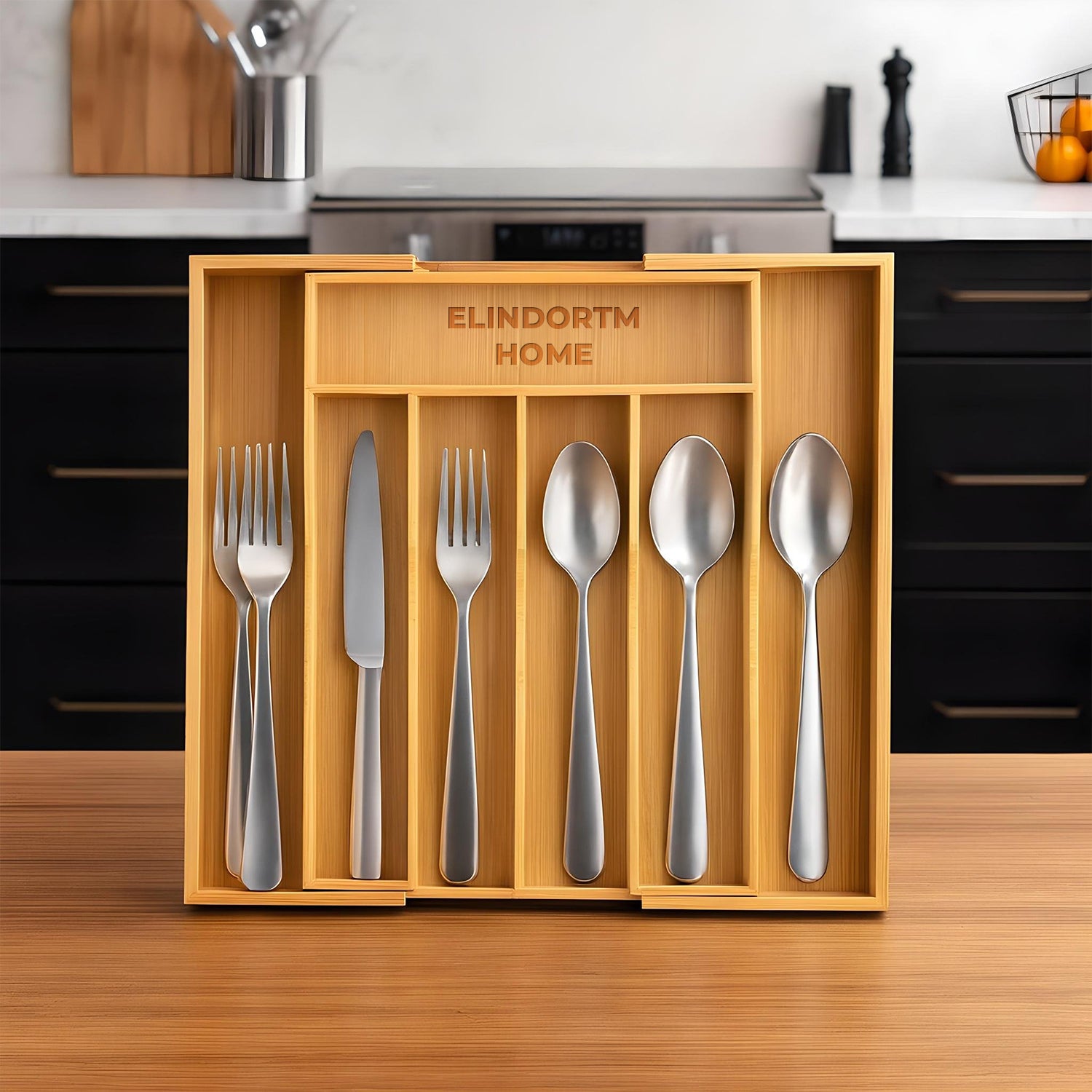 Organizator Extensibil Elindor® din Bambus, pentru Depozitare Tacamuri si Ustensile de Bucatarie, Furculite, Linguri, Cutite, 7 Compartimente, Sertar 25.5-39.4 cm, Suport Ajustabil, Separator Sertare Spatios, Accesorii Organizare – Default Title