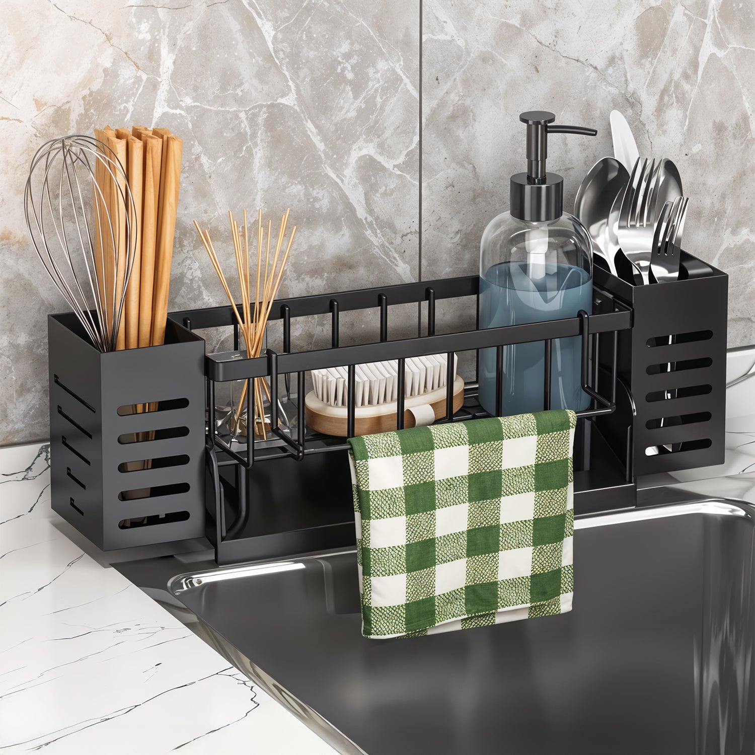 Scurgere Tacamuri cu Scurgere Automata Elindor®, Suport pentru Chiuveta, Bureti, Perii, Lavete, Detergent, Sticle, Cutii Inox, Cu Suport Prosop, Montaj Pe Blat Sau Perete, Metal Durabil 30,5×9×11 cm, Negru – Default Title