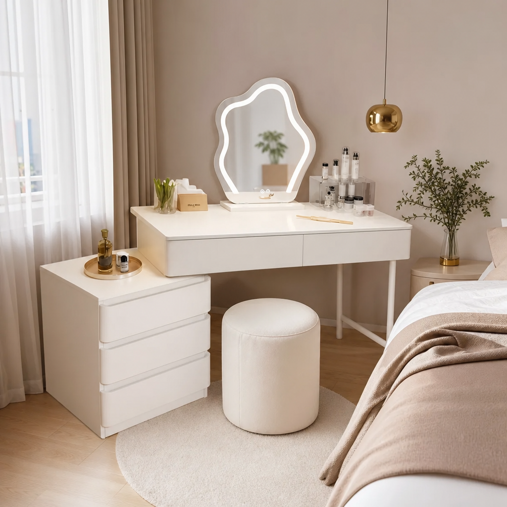 Masa de machiaj eleganta cu oglinda LED, sertare multiple, design modern 100 x 74 cm, crem Masa de machiaj eleganta cu oglinda LED, sertare multiple, design modern 100 x 74 cm, crem