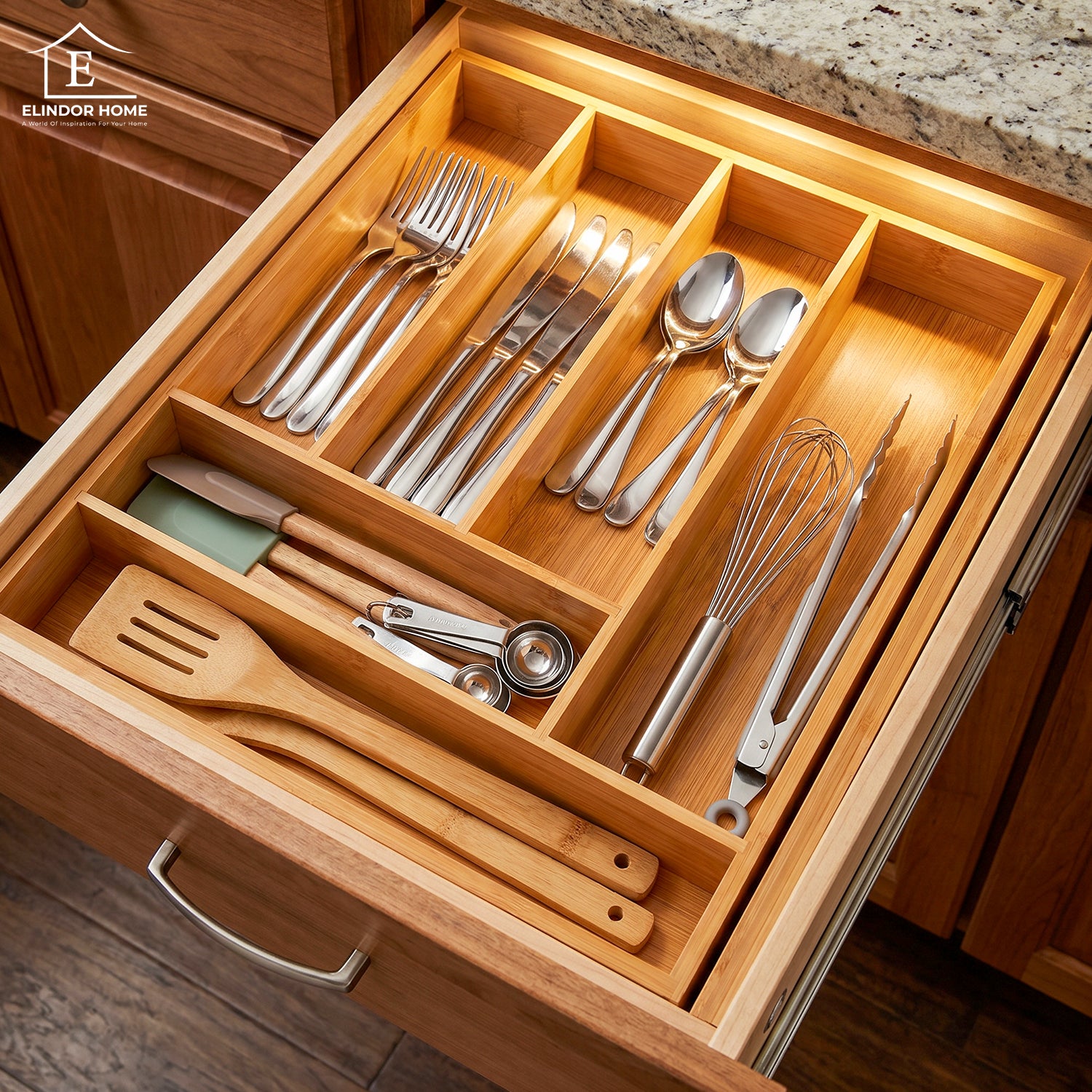 Organizator Fix Elindor® din Bambus, pentru Depozitare Tacamuri si Ustensile de Bucatarie, Furculite, Linguri, Cutite, Suport 6 Compartimente, Separator Sertare Spatios, Accesorii Organizare, Sertar 43 x 30.5 x 5 cm, Bej – Default Title