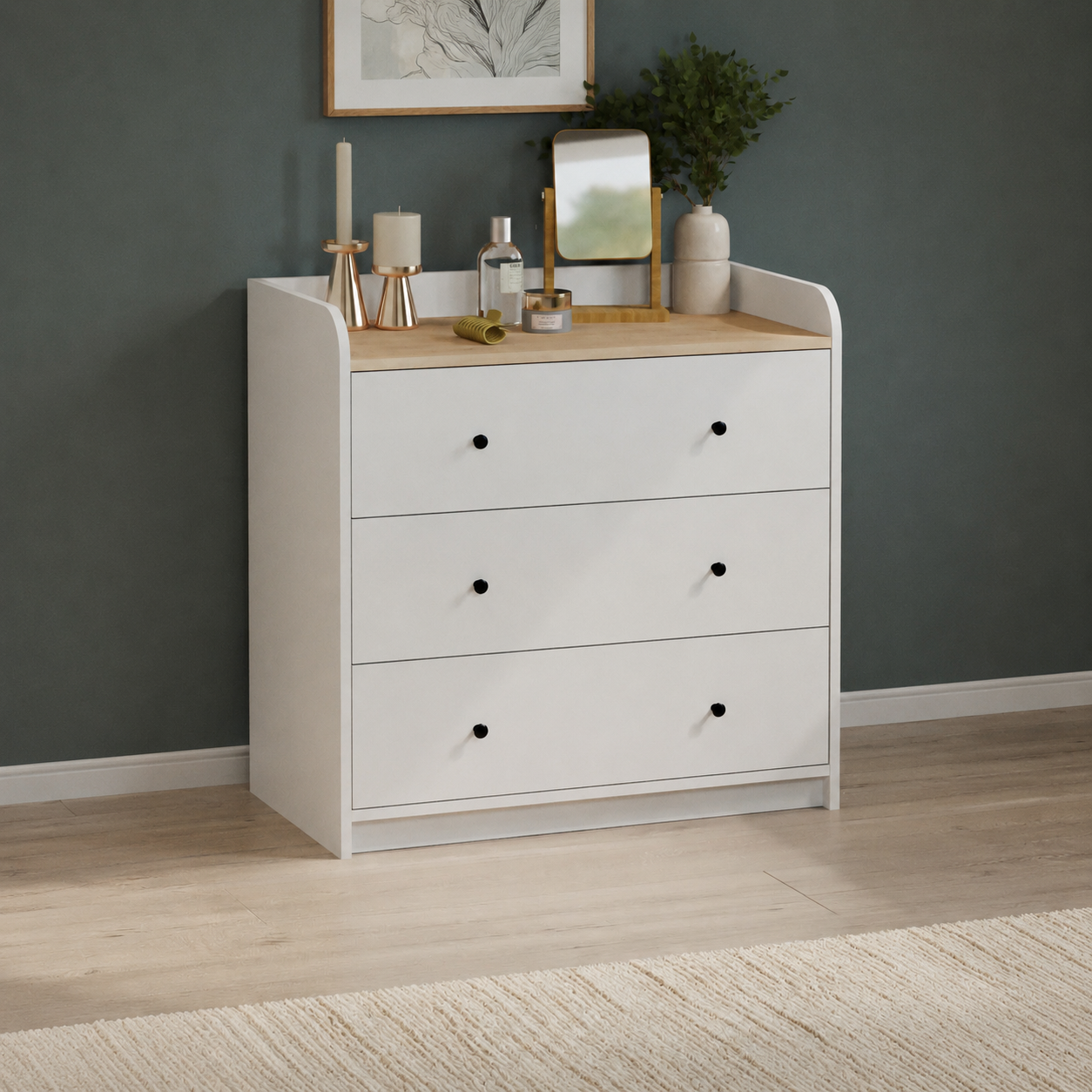 Comodă pentru dormitor cu 3 sertare si 6 compartimente 90×50,1×90 cm